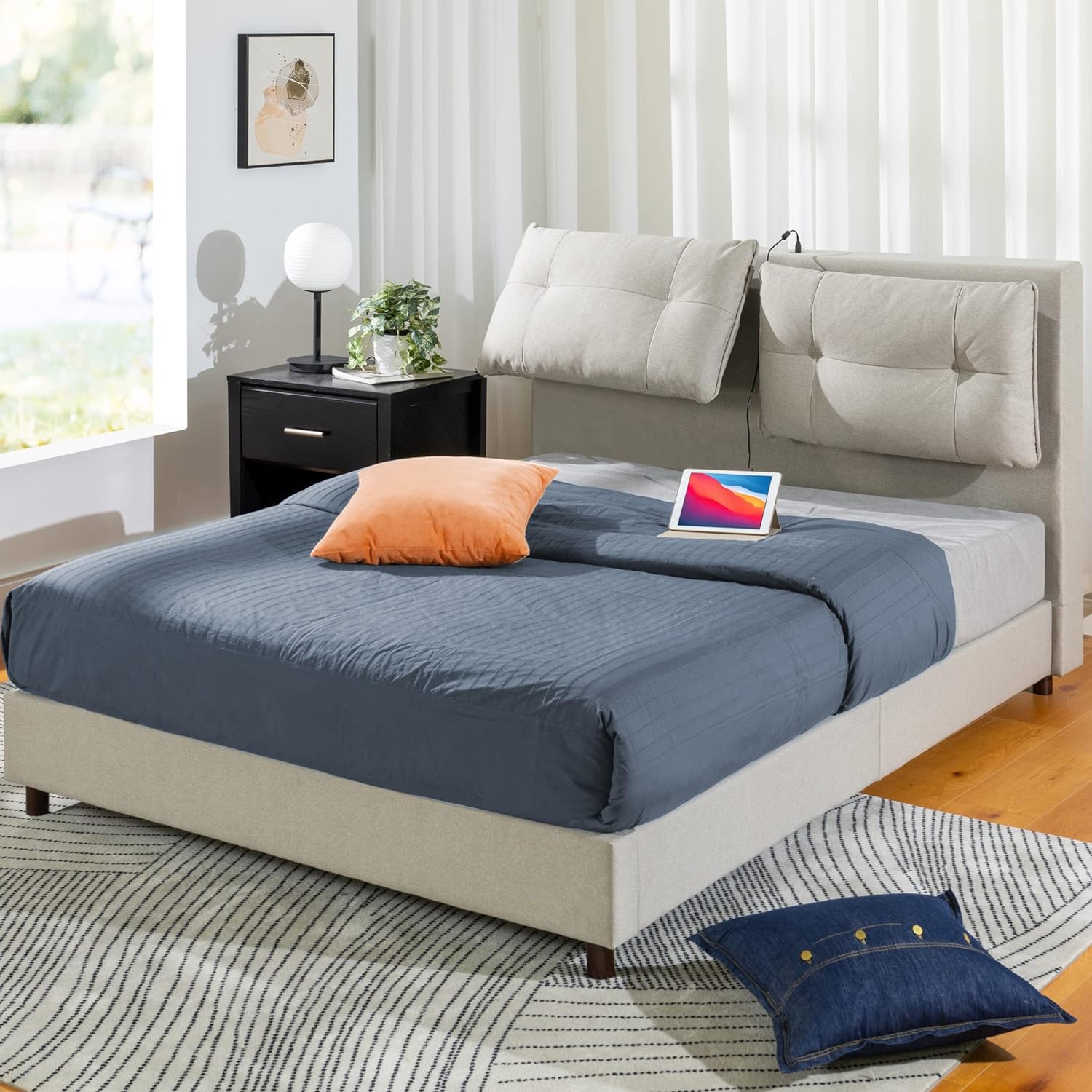 ZINUS Avery – Cama de plataforma con cabecero reclinable y puertos USB, no necesita somier, cabecero ajustable acolchado con altura personalizable,