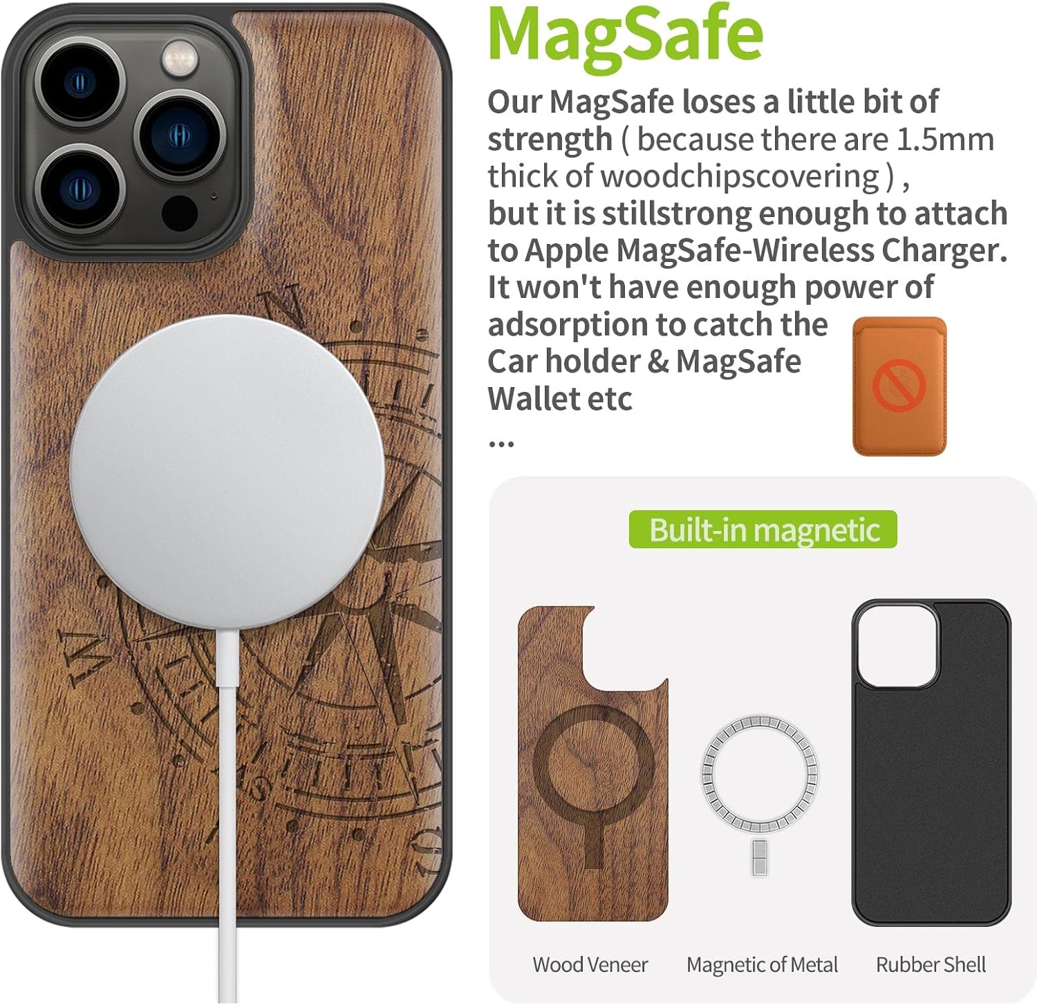 Carveit Funda magnética de madera para iPhone 13 Pro Max madera real dura y TPU suave a prueba de golpes, funda protectora híbrida única y elegante