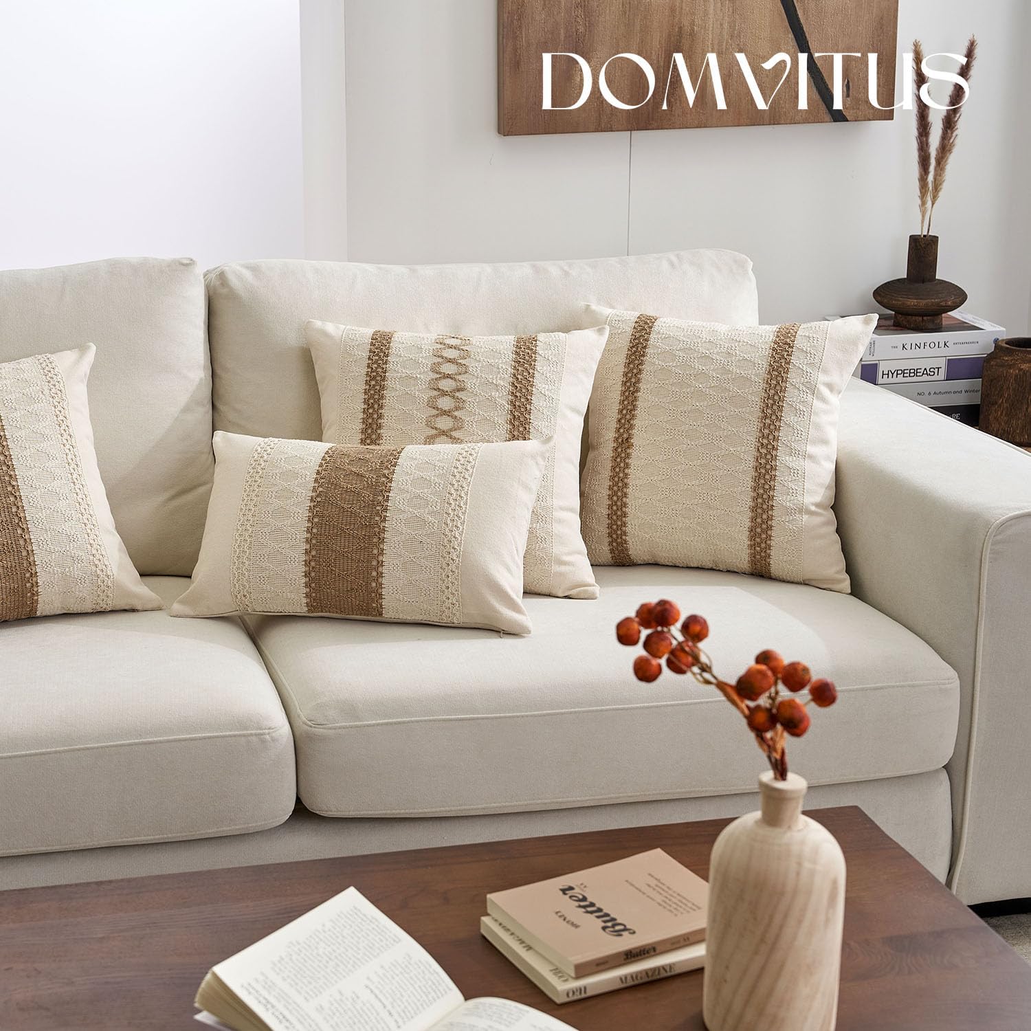 DOMVITUS Fundas de almohada bohemias de 20 x 20 pulgadas para almohadas decorativas de granja, fundas de almohada neutras para sala de estar,