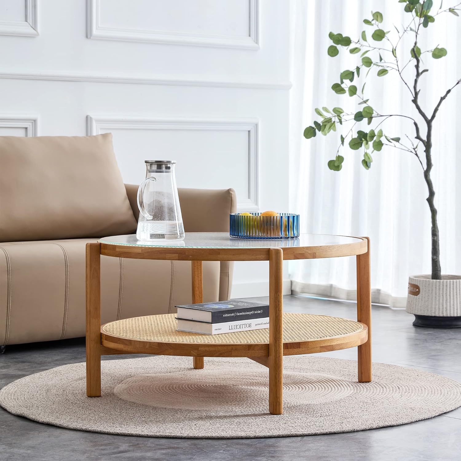 Mesa de centro de ratán circular moderna para escritorio de cristal de doble capa, mesa auxiliar redonda pequeña para sala de estar, comedor y
