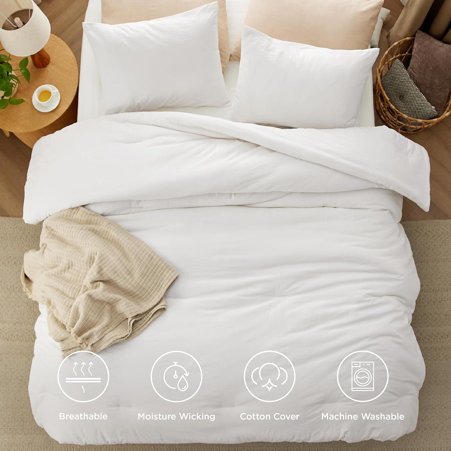 Bedsure Juego de edredón King  Tela de algodón con relleno interior de microfibra, edredón blanco tamaño King para todas las estaciones, 3 piezas, 1
