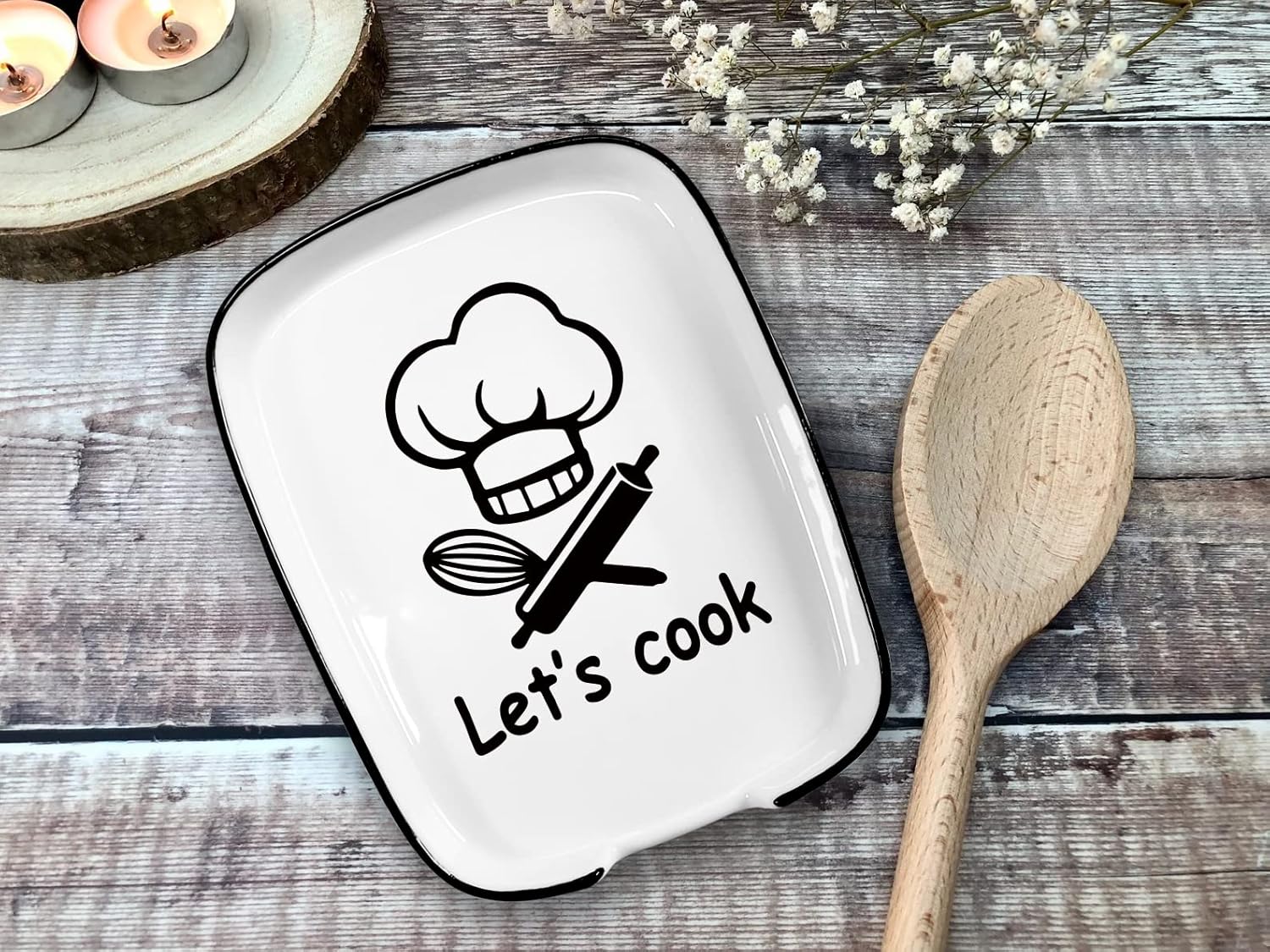 Soporte de cuchara de tenedor con diseño de cerámica con mensaje Let’s Cook, soporte de cuchara funcional para utensilios de cocina adecuado para