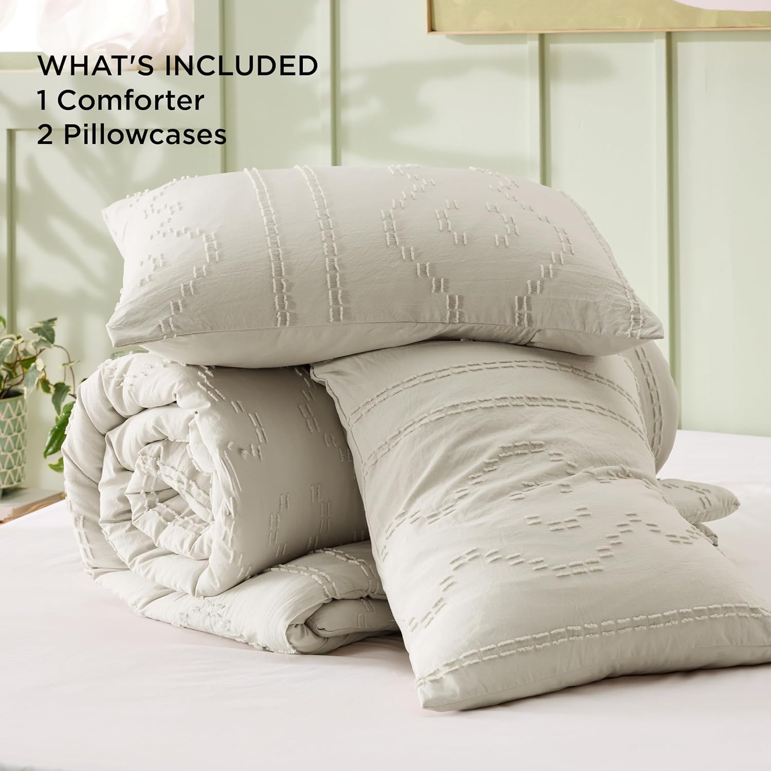 Bedsure Juego de edredón bohemio tamaño Queen  Juego de edredón copetudo beige de 3 piezas, juego de cama bordado estilo rústico y elegante, edredón
