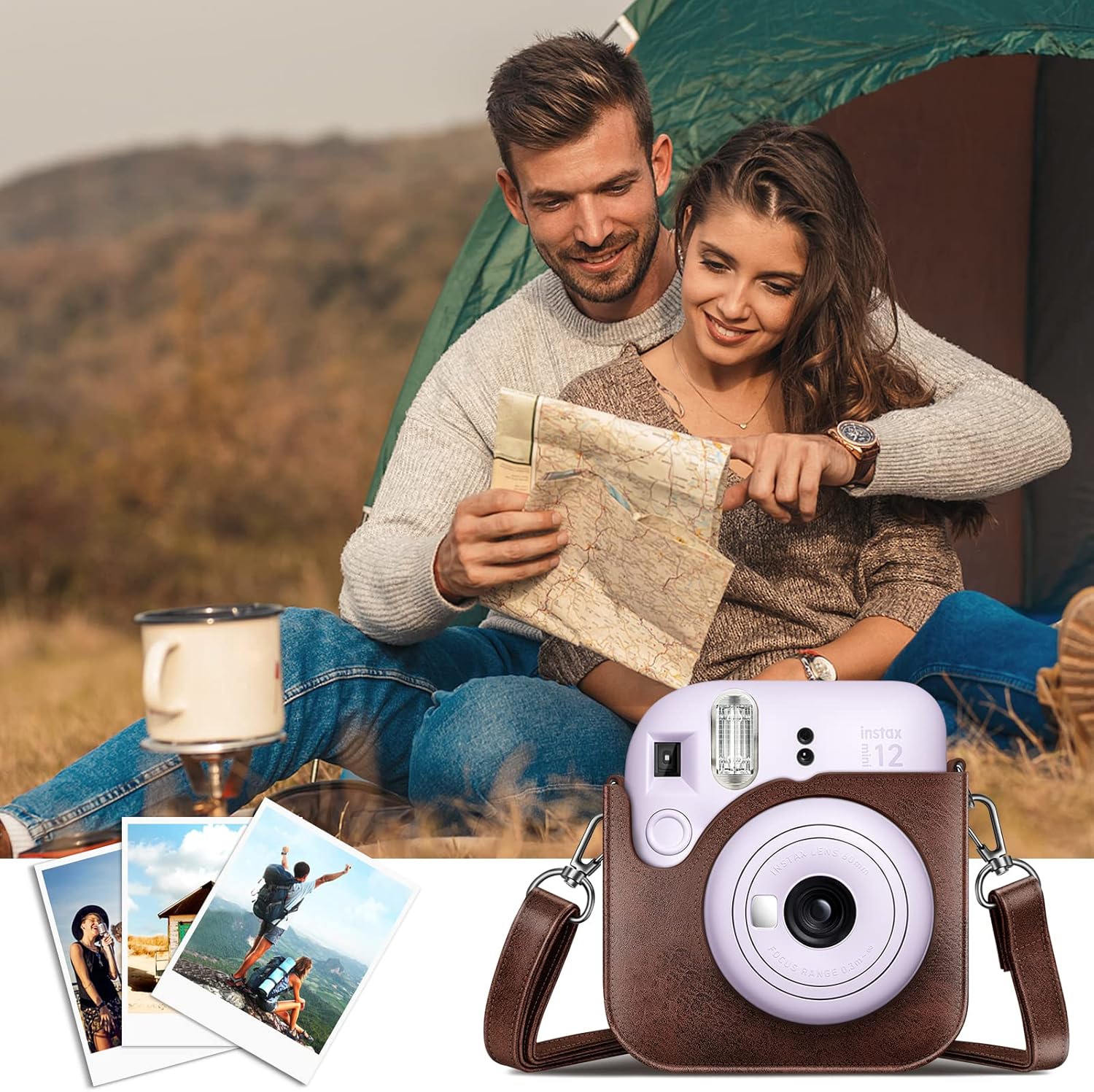 Fintie Funda protectora para cámara instantánea Fujifilm Instax Mini 12 – Funda de piel vegana premium con correa ajustable extraíble, color marrón