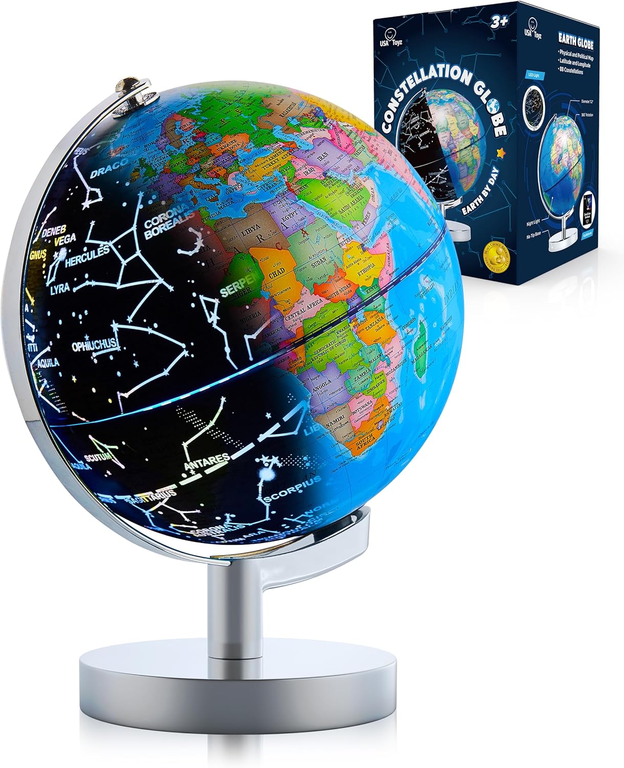 USA Toyz Globo iluminado para el aprendizaje de los niños globos del mundo con soporte 3 en 1 STEM Kids Globe, luz nocturna constelación escritorio
