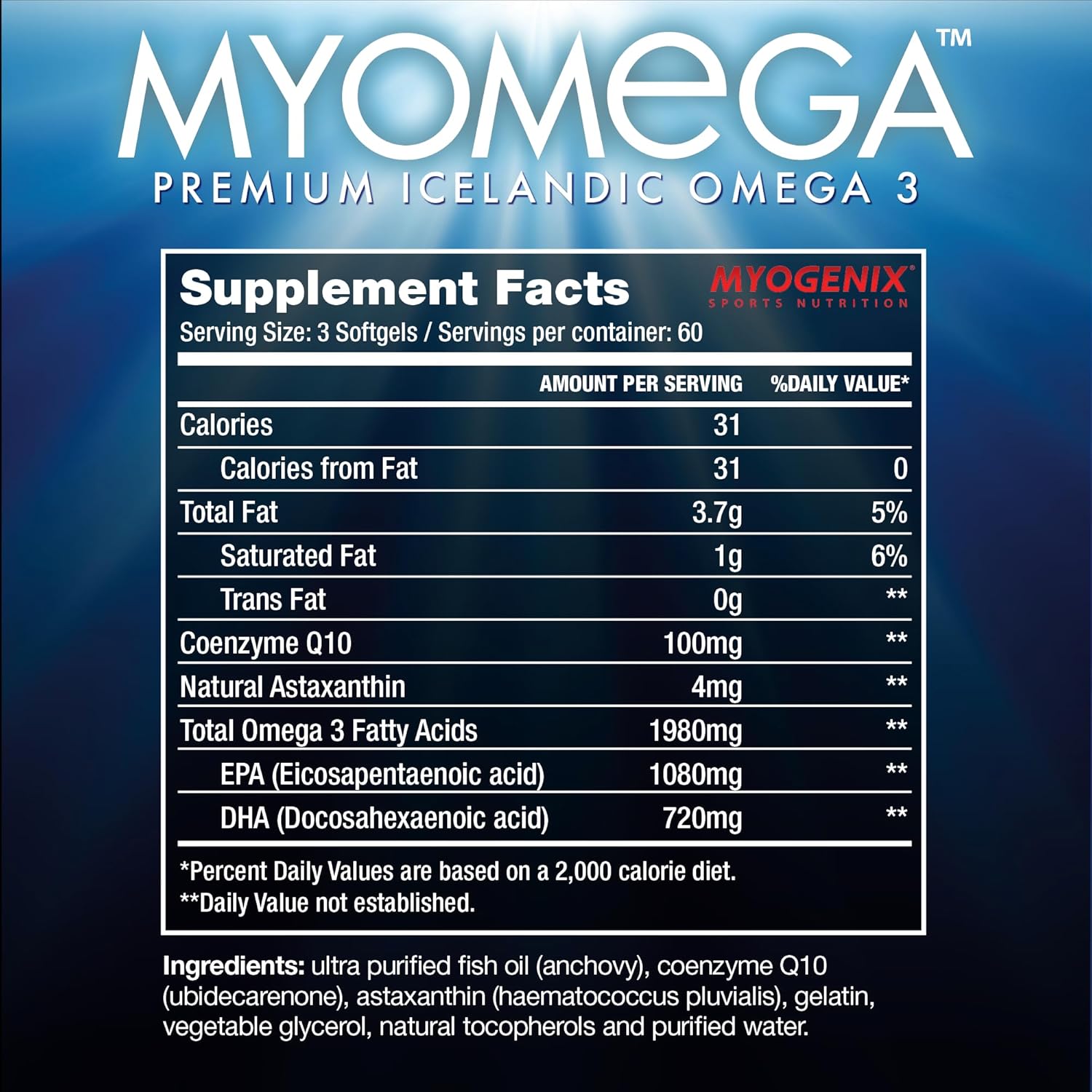 Suplemento de ácidos grasos Omega 3  Myogenix Myomega Premium islandés Omega 3 Suplemento para apoyar la salud del corazón, cerebro y