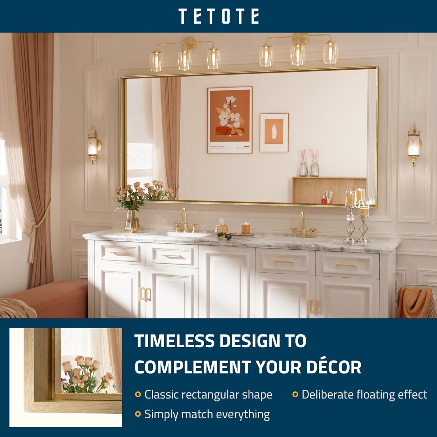 TETOTE Espejo de pared grande rectangular con marco dorado cepillado de 72 x 36 pulgadas, espejo de pared grande rectangular de latón con marco de