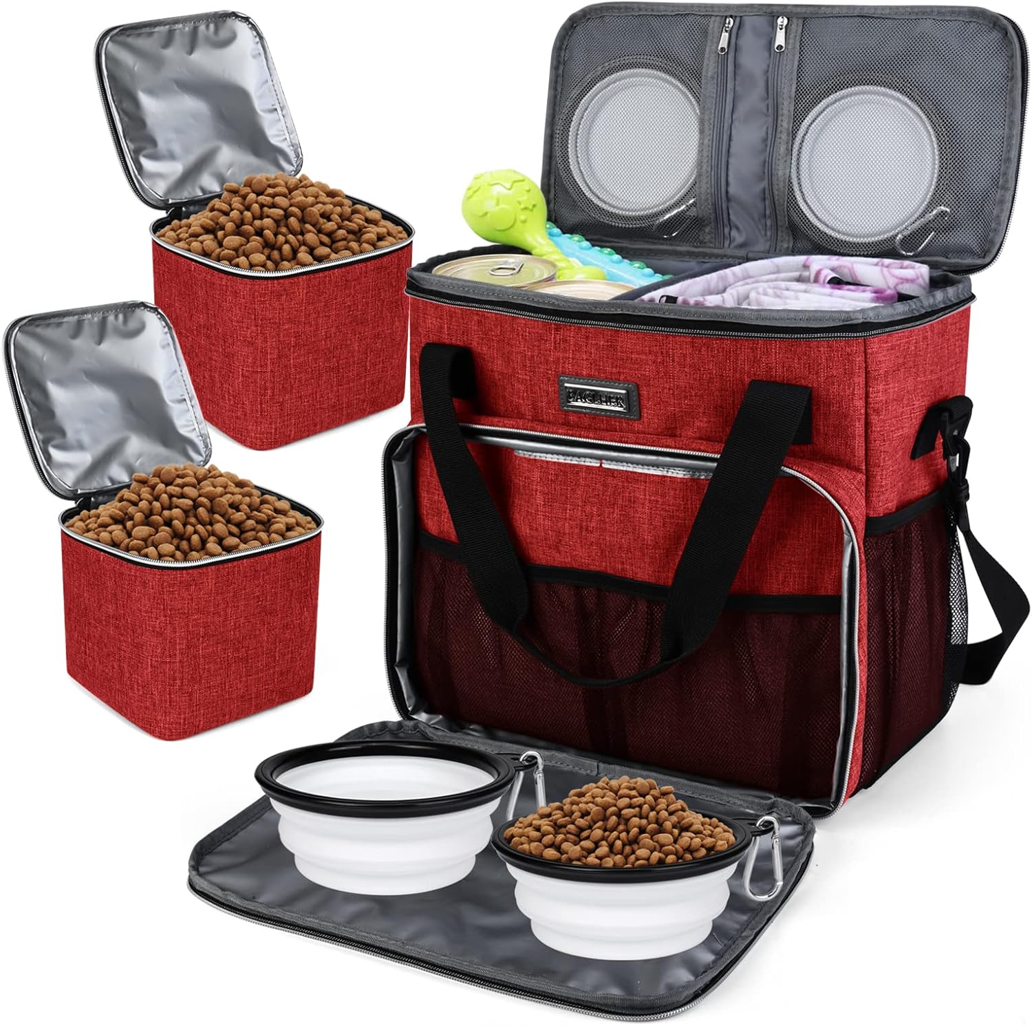 BAGLHER Bolsa de viaje para perros, bolsa de viaje para mascotas (todos los suministros de viaje para mascotas), con 2 recipientes de comida para