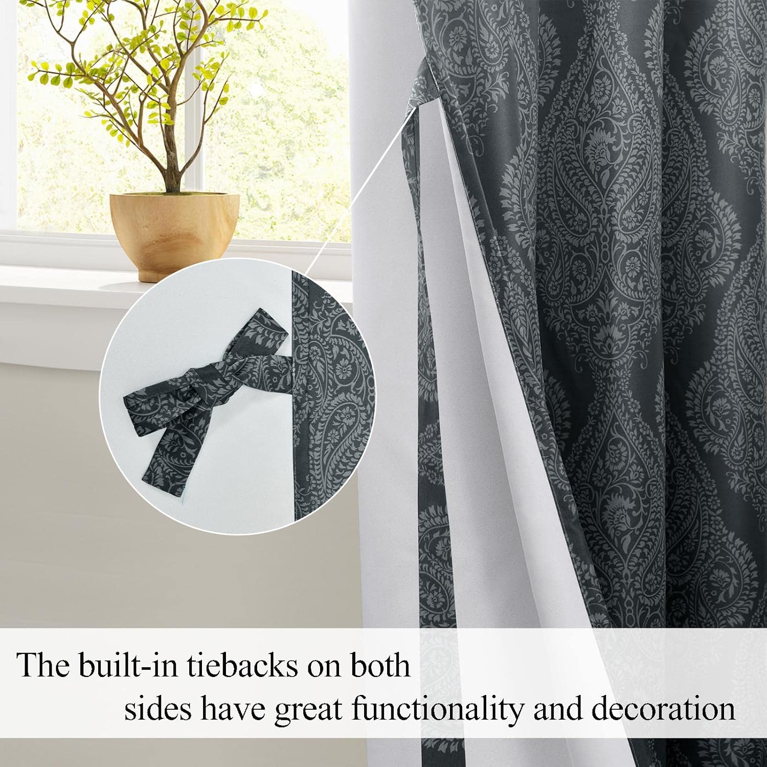 JIUZHEN Cortinas opacas degradadas con alzapaños, estampado de damasco, aislamiento térmico, oscurecimiento de habitación, cortinas con ojales para