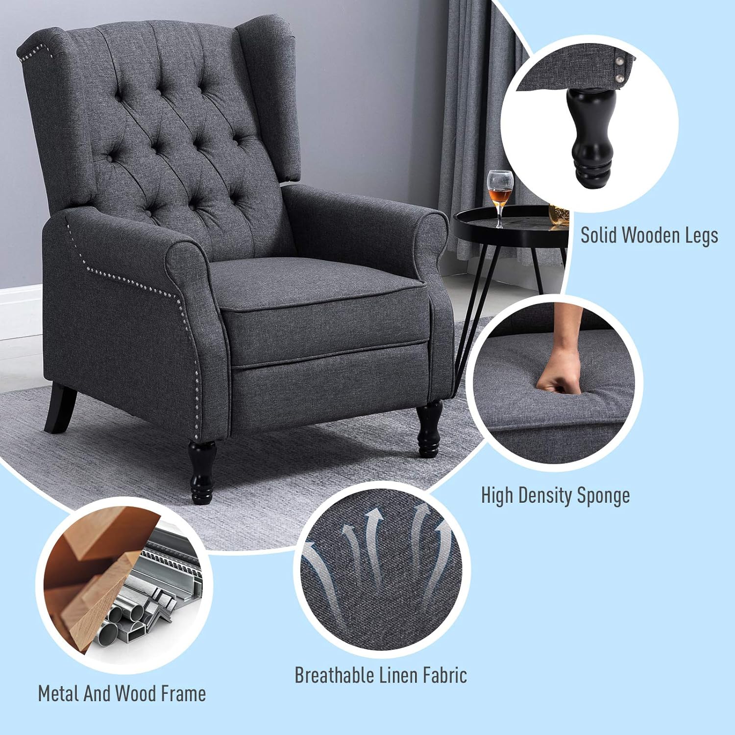 HOMCOM Silla reclinable tapizada de tela, silla de acento copetuda con respaldo de empuje, sillón de lino con reposapiés, reposabrazos, cojín