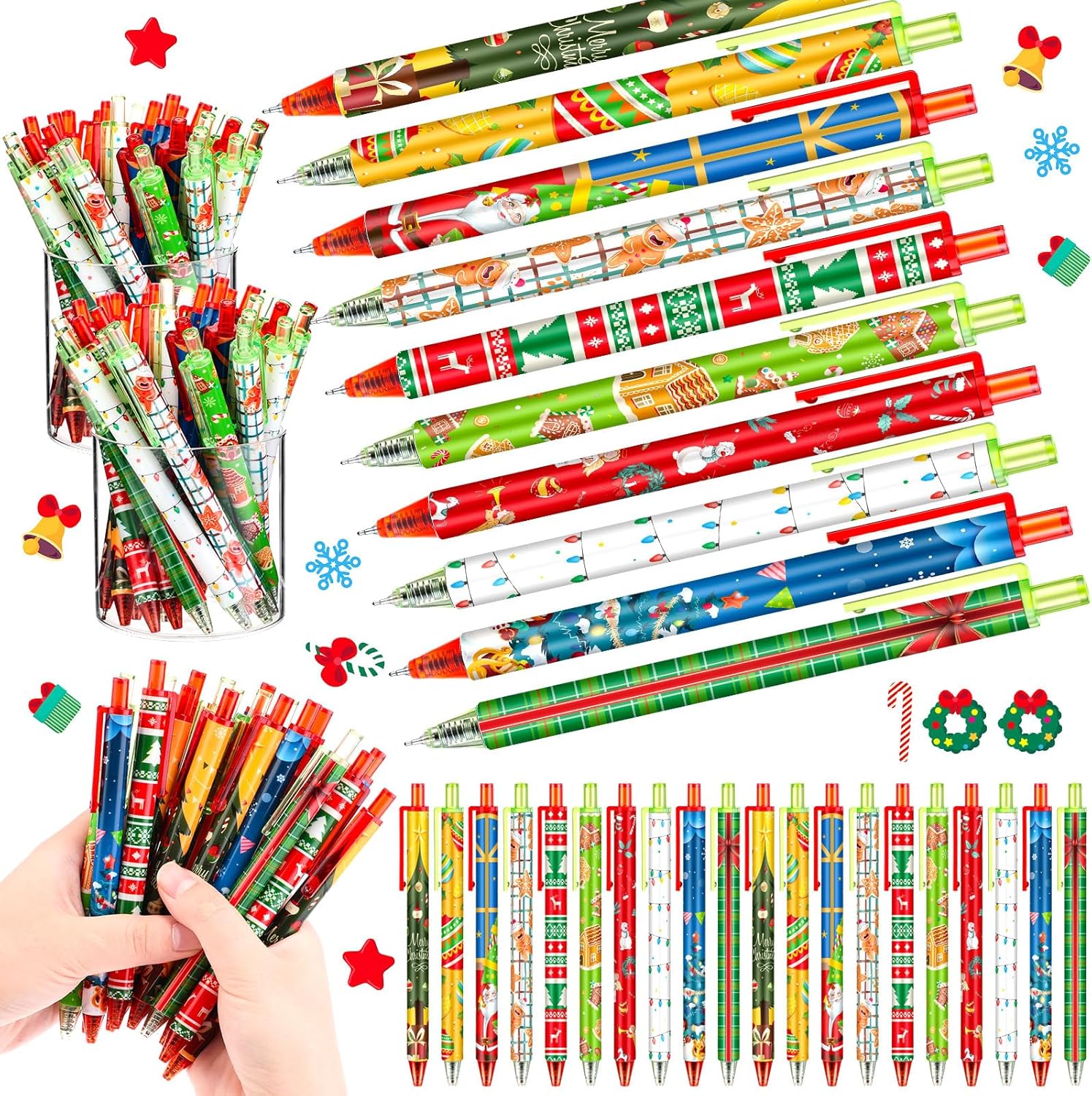 100 bolígrafos de tinta de gel de Navidad, bolígrafos retráctiles de Navidad, bolígrafos de dibujos animados, lindos bolígrafos de tinta negra de