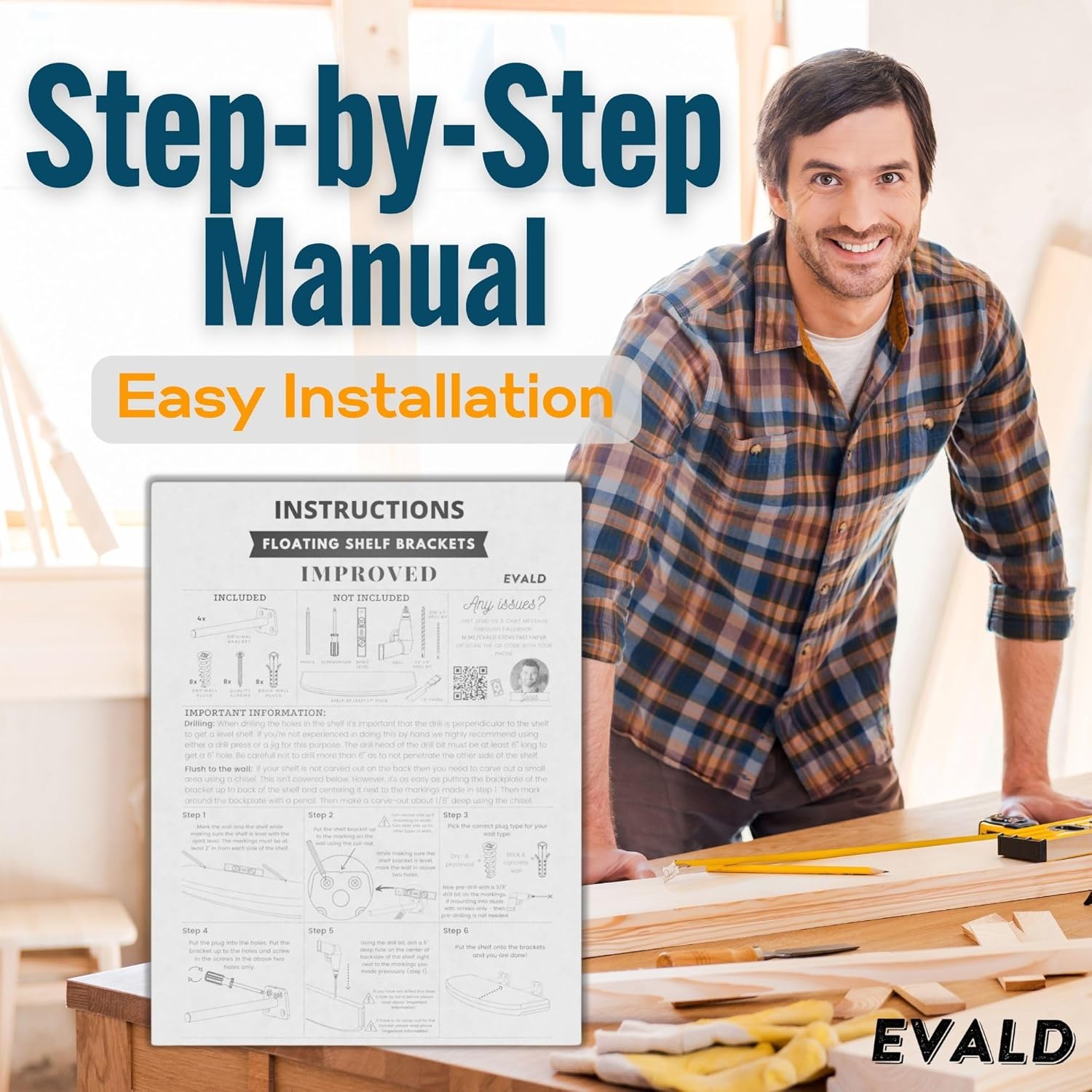 EVALD Soporte de estante flotante mejorado con plantilla y broca  Soporte de mantel flotante de 4 pulgadas con tornillos y anclajes para mejoras del