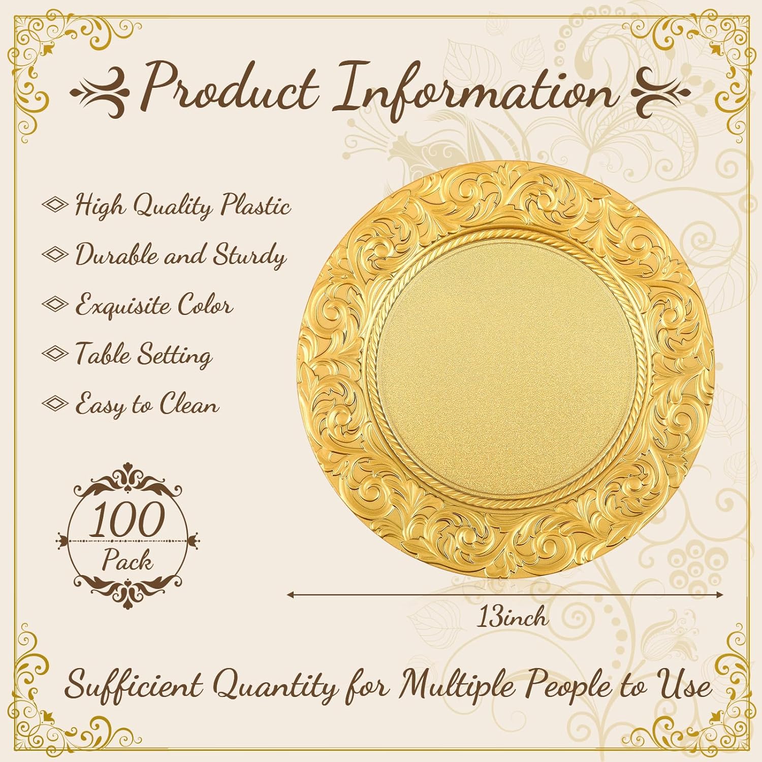 Uiifan Platos de carga antiguos a granel de plástico en relieve de 13 pulgadas, platos florales redondos para bodas, cargadores decorativos para