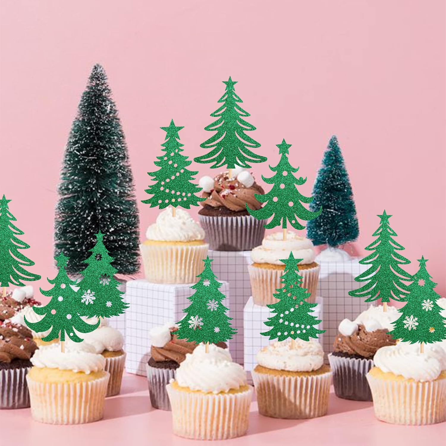 24 piezas de adornos para cupcakes para árbol de Navidad con estrella verde purpurina para árbol de Navidad para temática de Feliz Navidad, Año