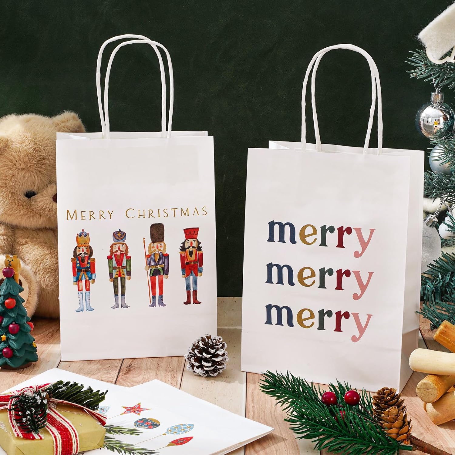 AnyDesign 18 bolsas de regalo de cascanueces con asa, bolsas de papel de cascanueces de acuarela, bolsas de regalo de Navidad, bolsas de regalo de