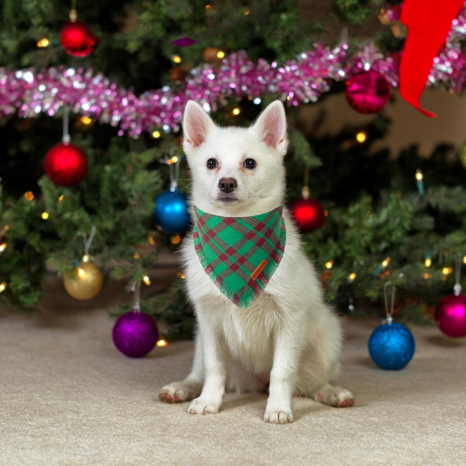ADOGGYGO Bandanas navideñas para perros con borlas, babero de Navidad a cuadros rojos y verdes, varios tamaños disponibles, bandanas de Navidad para