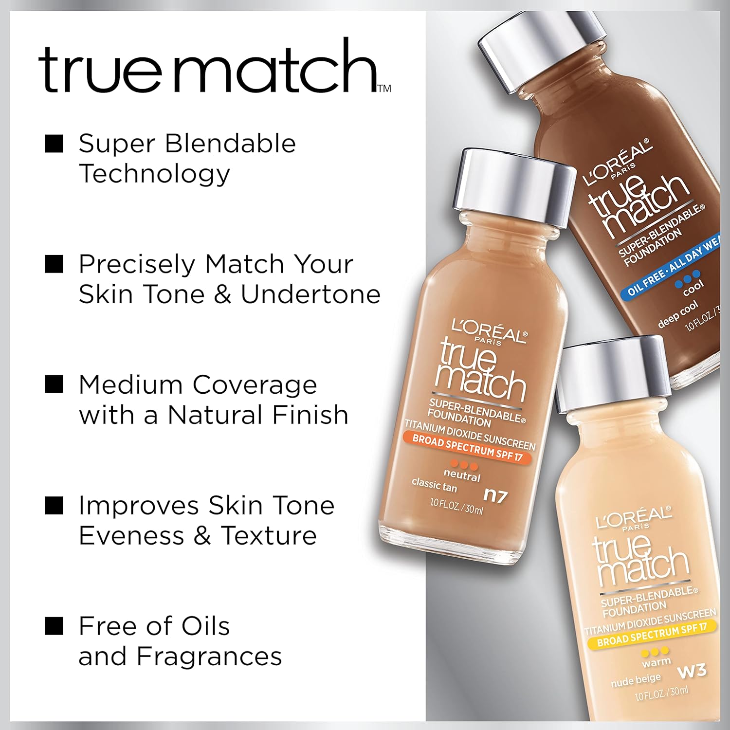 L’Oreal Paris Makeup True Match – Base líquida supermezclable, color marrón nuez C7, 1onza líquida, 1 unidad
