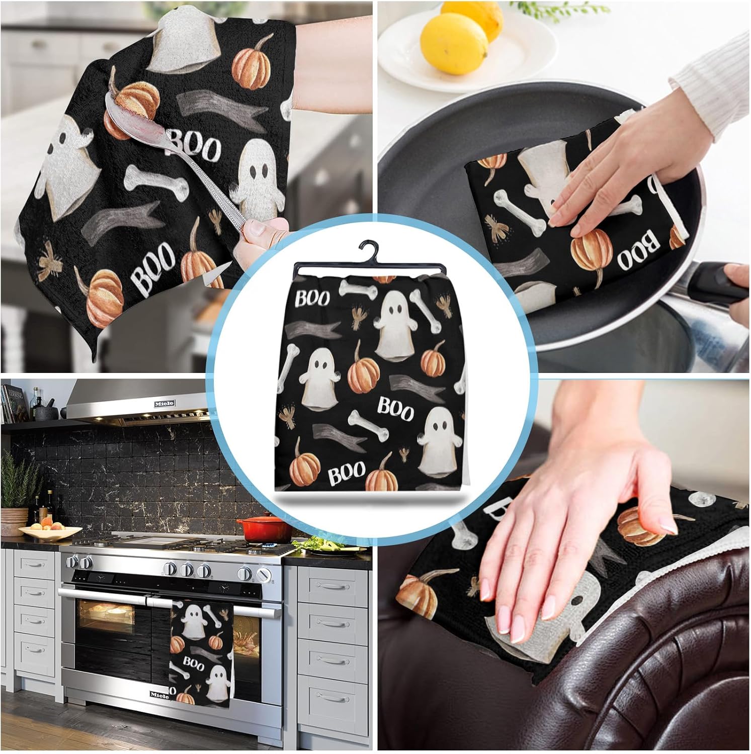 Paquete de 2 toallas de cocina y paños de cocina, diseño de rama de hueso de fantasma de Halloween, calabaza, negro, 18 x 28 pulgadas, toallas de