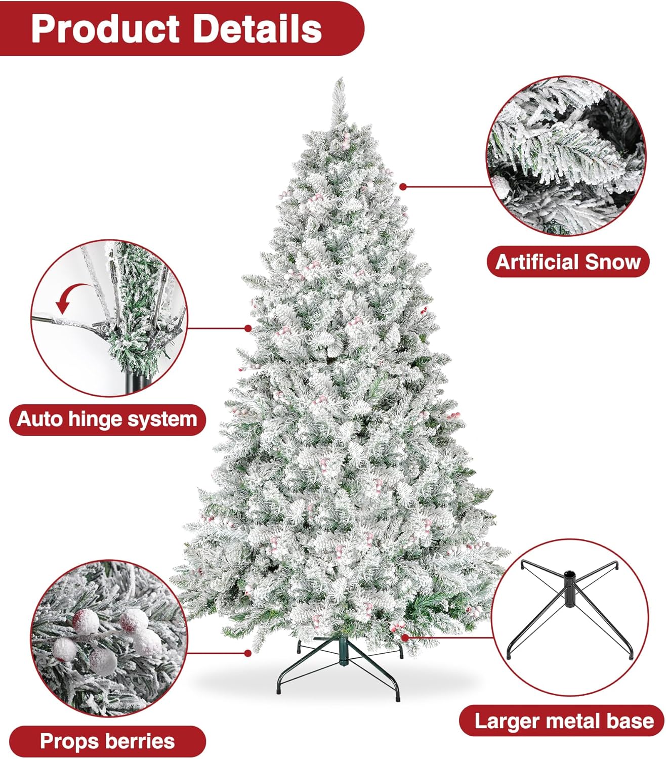 BROVIEW Árbol de Navidad flocado de 6.5 pies, árboles de Navidad artificiales predecorados con 1100 puntas de rama, 58 bayas, soporte plegable de