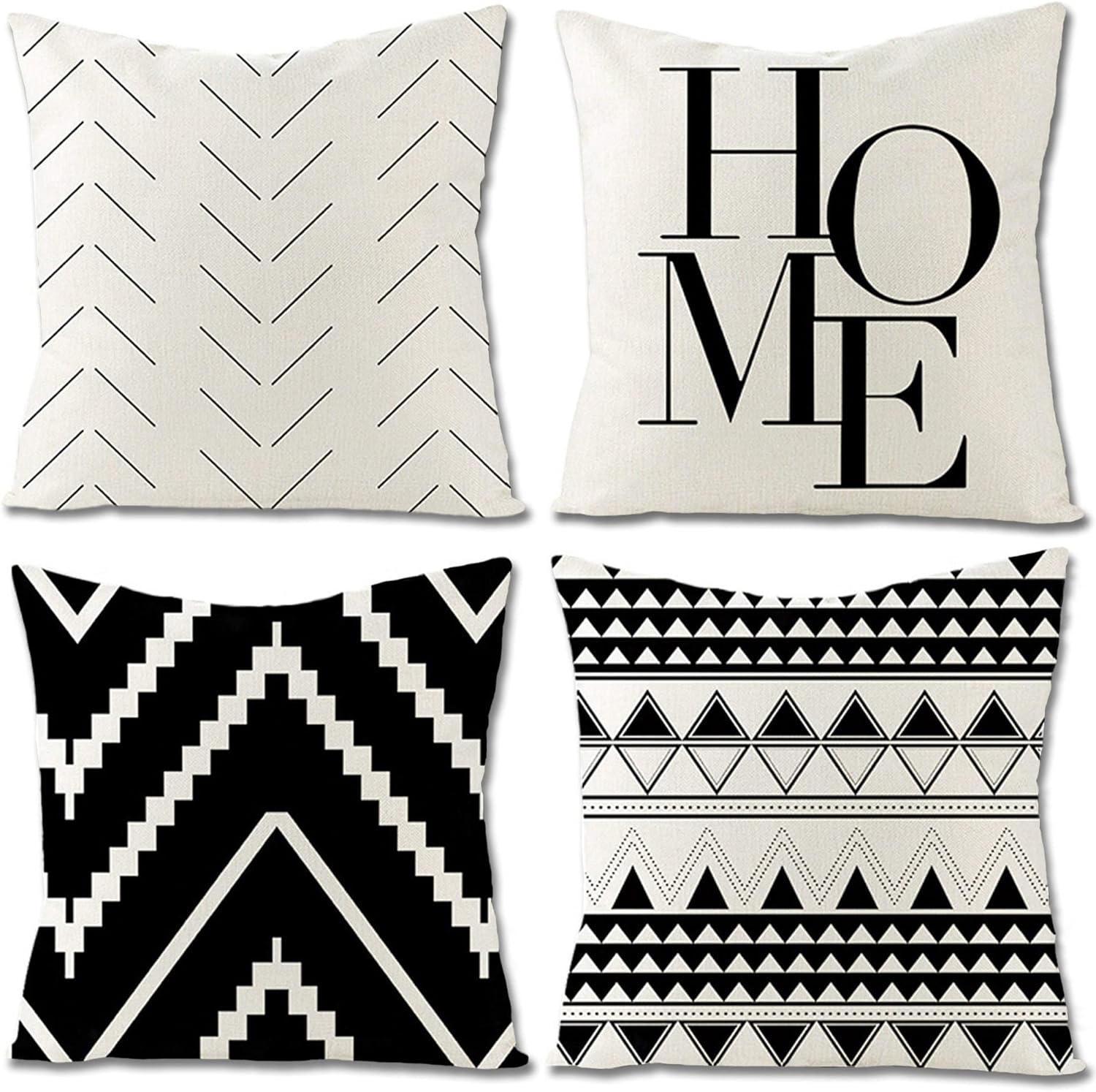 Juego de 4 fundas decorativas de 16 x 16 pulgadas para sofá, fundas cuadradas en blanco y negro para cojines de cama y decoración de sala de estar