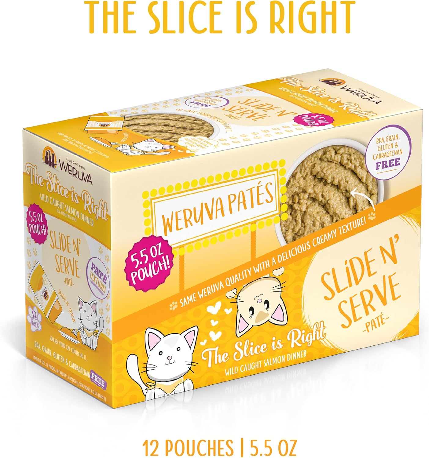 Weruva Slide N’ Serve Paté, alimento húmedo para gatos, The Slice is Right, cena de salmón silvestre, bolsa de 5.5 oz (156 g) (paquete de 12),