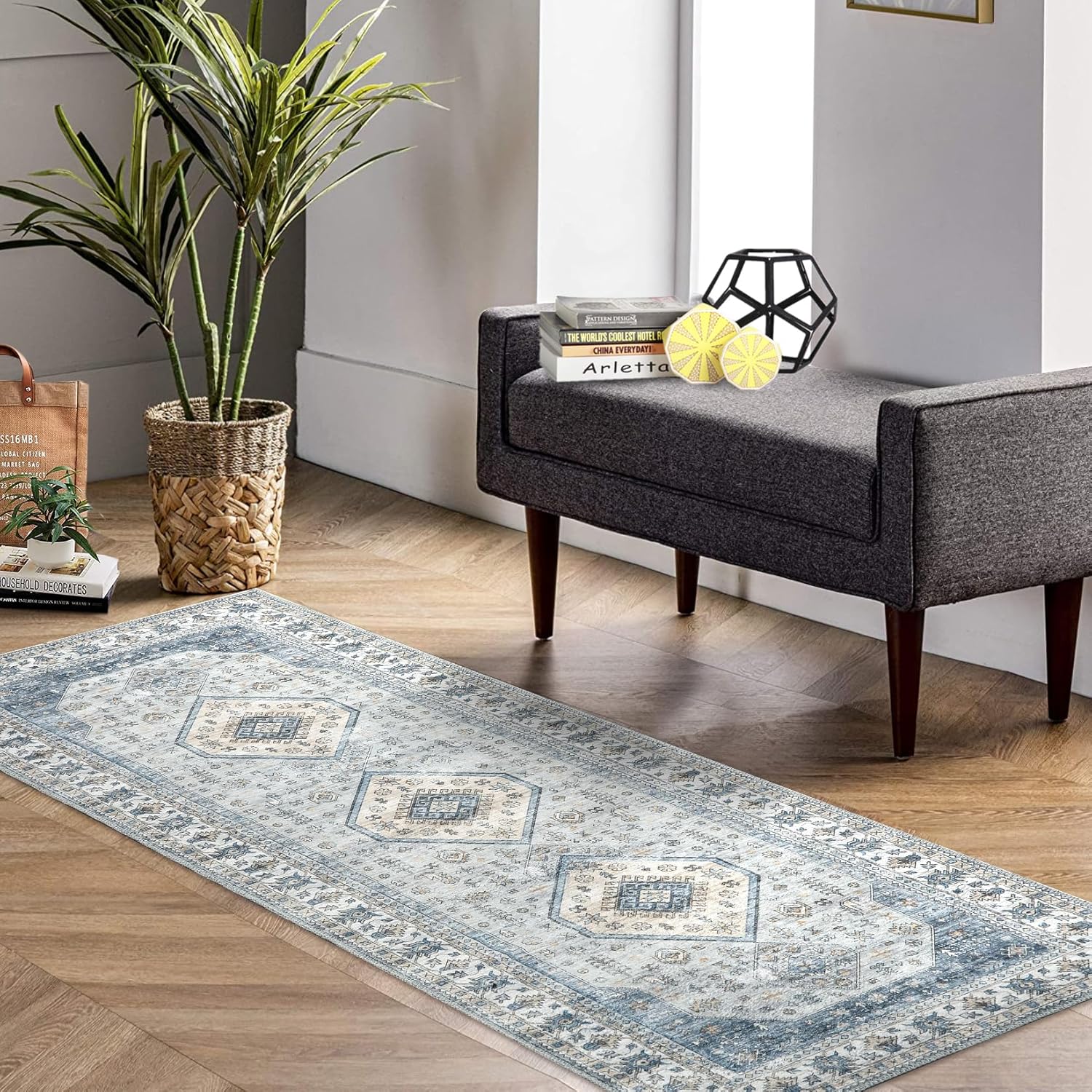 Alfombra de pasillo larga de 2 x 6 pies, estilo vintage, resistente a las manchas, antideslizante, para dormitorio, sala de estar, pasillo,