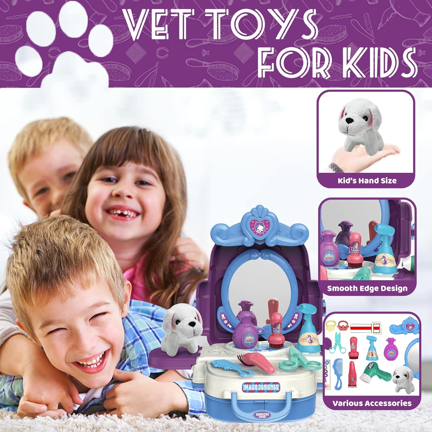 KAEGREEL Juego de cuidado de mascotas 3 en 1 para niños, 16 piezas de juegos de peluquería para mascotas, juguetes educativos para niños de 3, 4, 5,