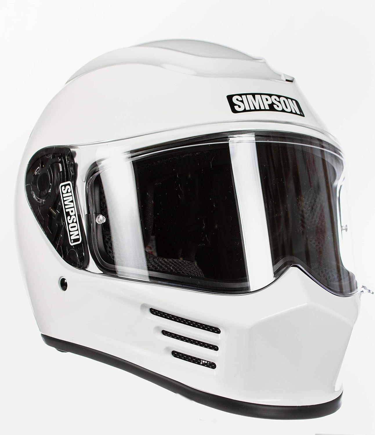 Simpson SPBM1 Speed Bandit – Casco de motocicleta de cara completa, tamaño mediano, blanco, protector transparente incluido, protector de espejo que