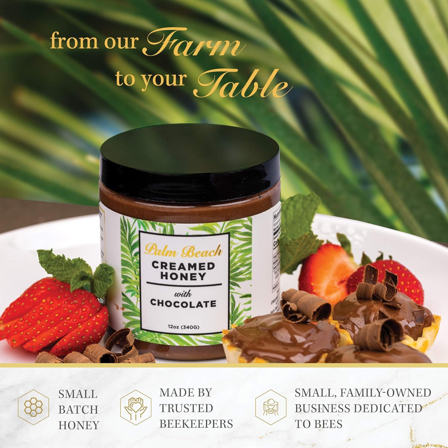 Palm Beach Creamed Honey con chocolate, miel de flores silvestres natural batida, miel pura cruda y sin filtrar, certificado Kosher, 12 onzas