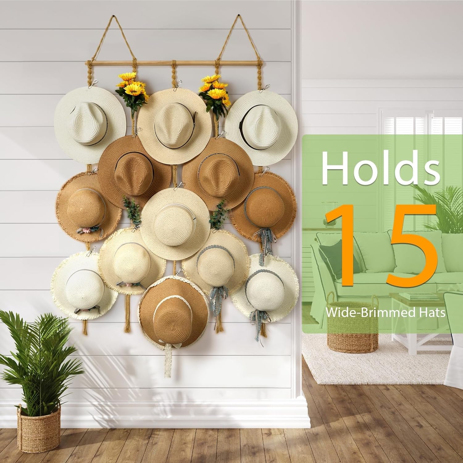 Organizador de sombreros de macramé para pared, 15 clips de 31 x 53 pulgadas, ganchos grandes para sombreros de Fedora, para almacenamiento de