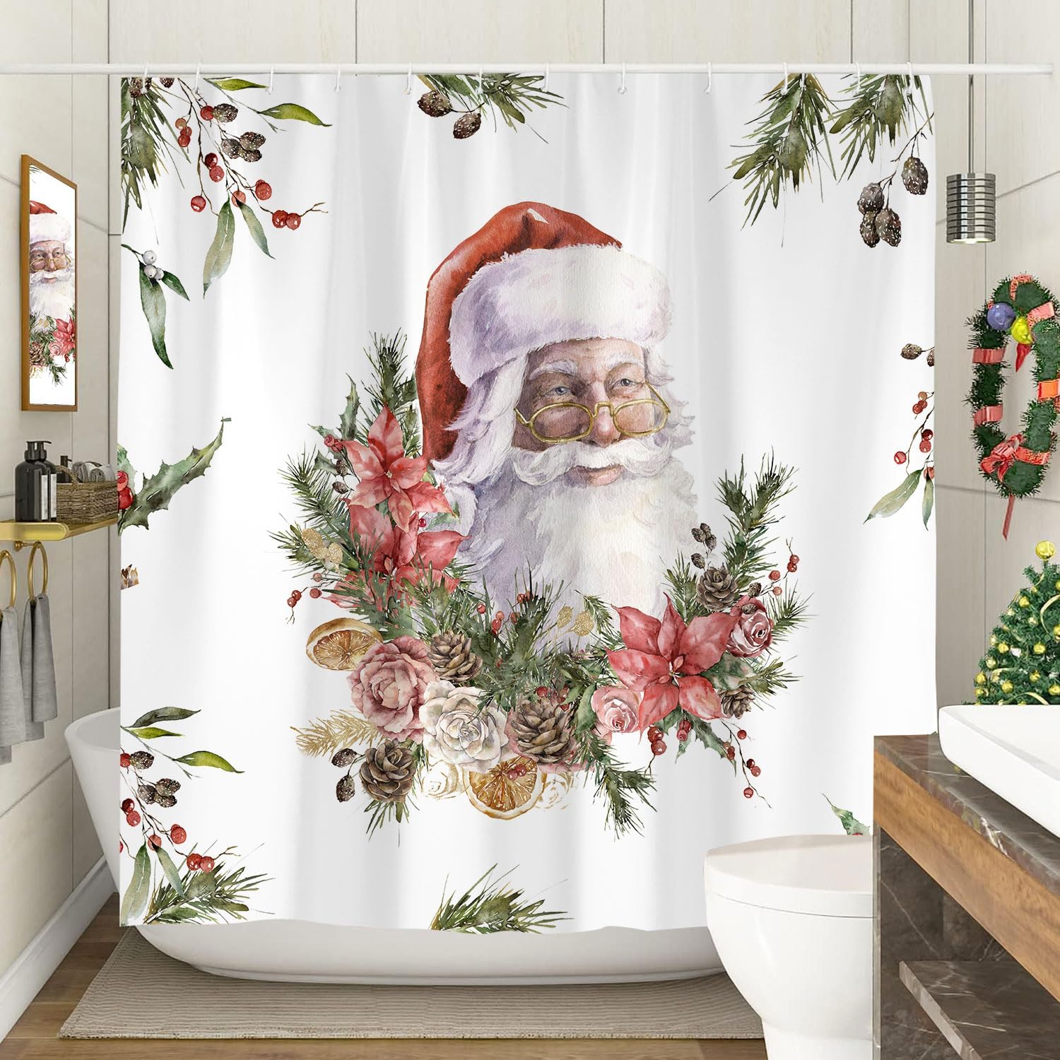 Juego de cortinas de ducha de Papá Noel, Año Nuevo, Navidad, Navidad, flor de pascua, curcianos de baño, tela impermeable, decoración de bañera,