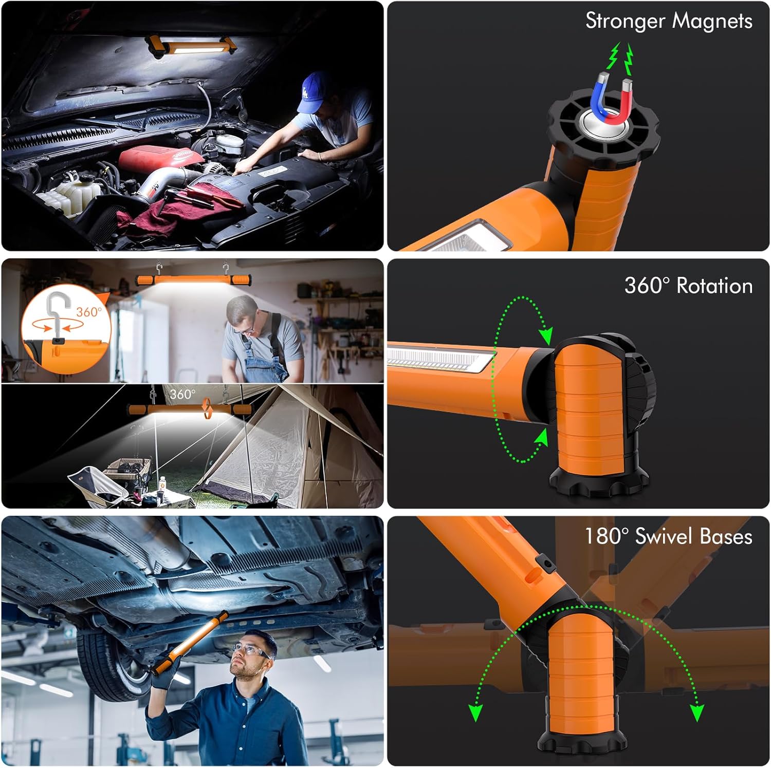 MEIHUA Luces de trabajo magnéticas para debajo del capó, 3000 lúmenes, barra de luz LED recargable con ganchos, IP65 portátil, luces estroboscópicas