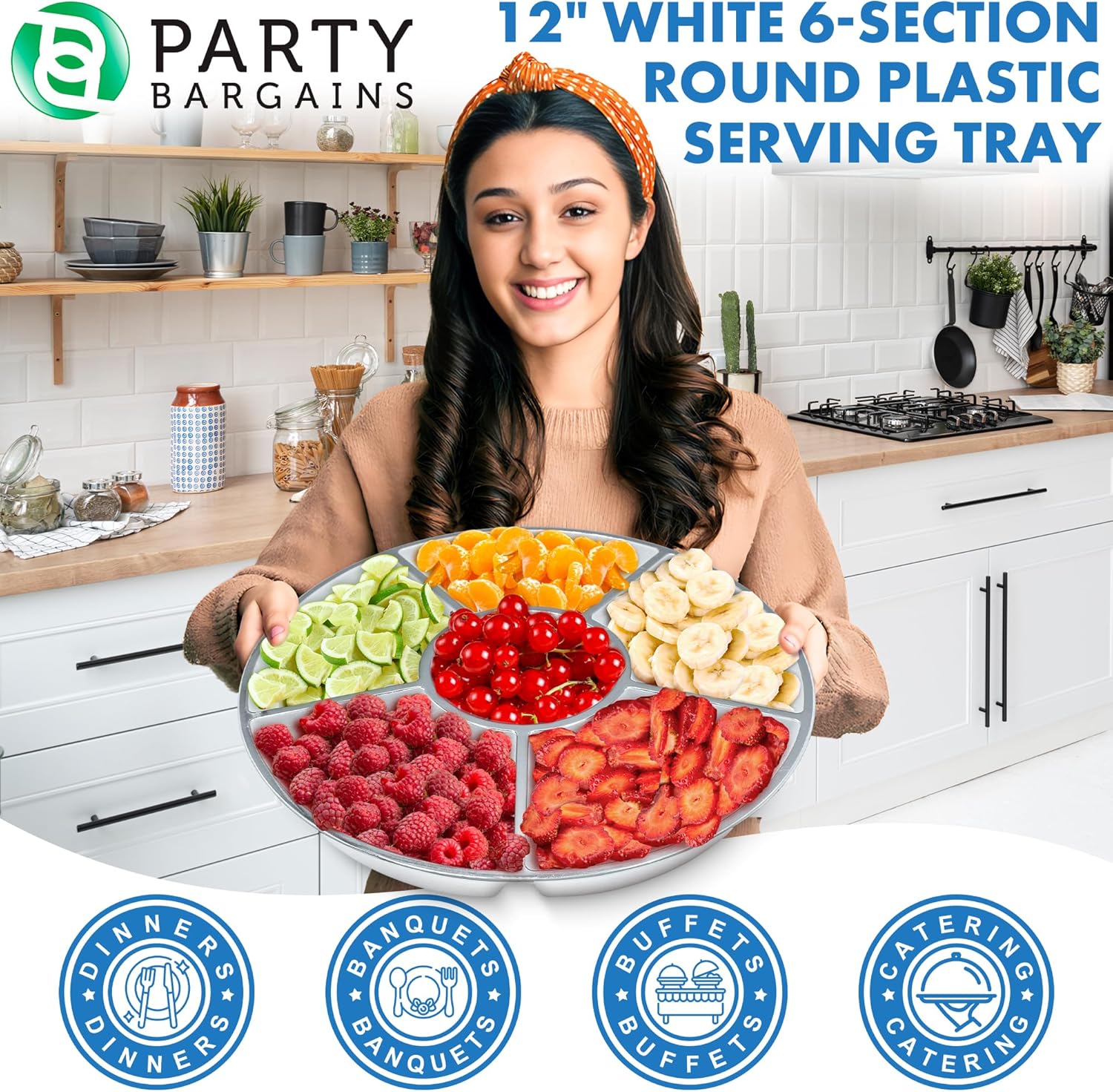 PARTY BARGAINS Bandeja redonda de plástico de 6 secciones, 12 pulgadas, color blanco con borde plateado, paquete de 1, platos reutilizables para