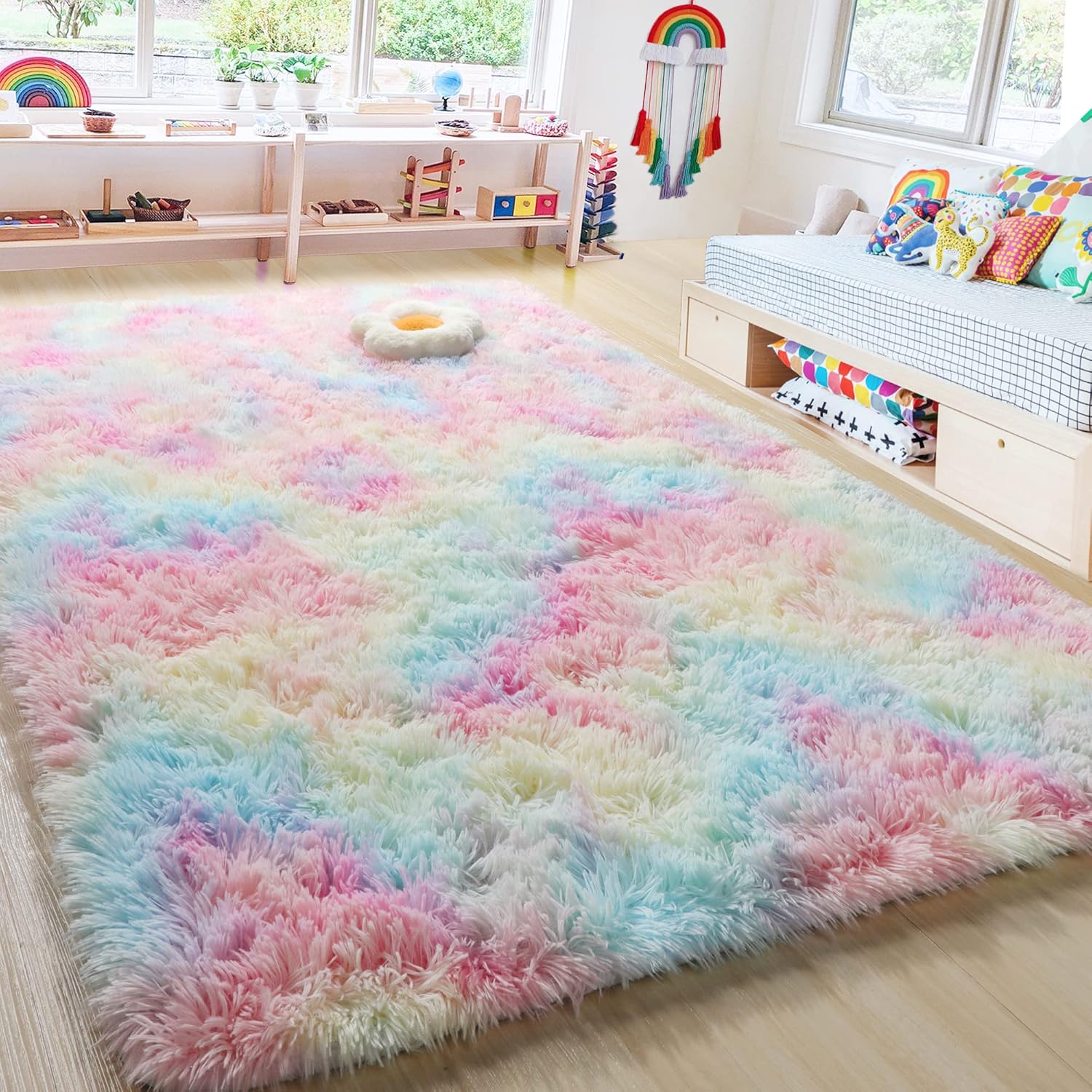 RUGTUDER Alfombra de área para sala de estar, 6 x 9 pies, alfombra esponjosa de arcoíris para dormitorio, lindas alfombras de pelo largo para niñas,