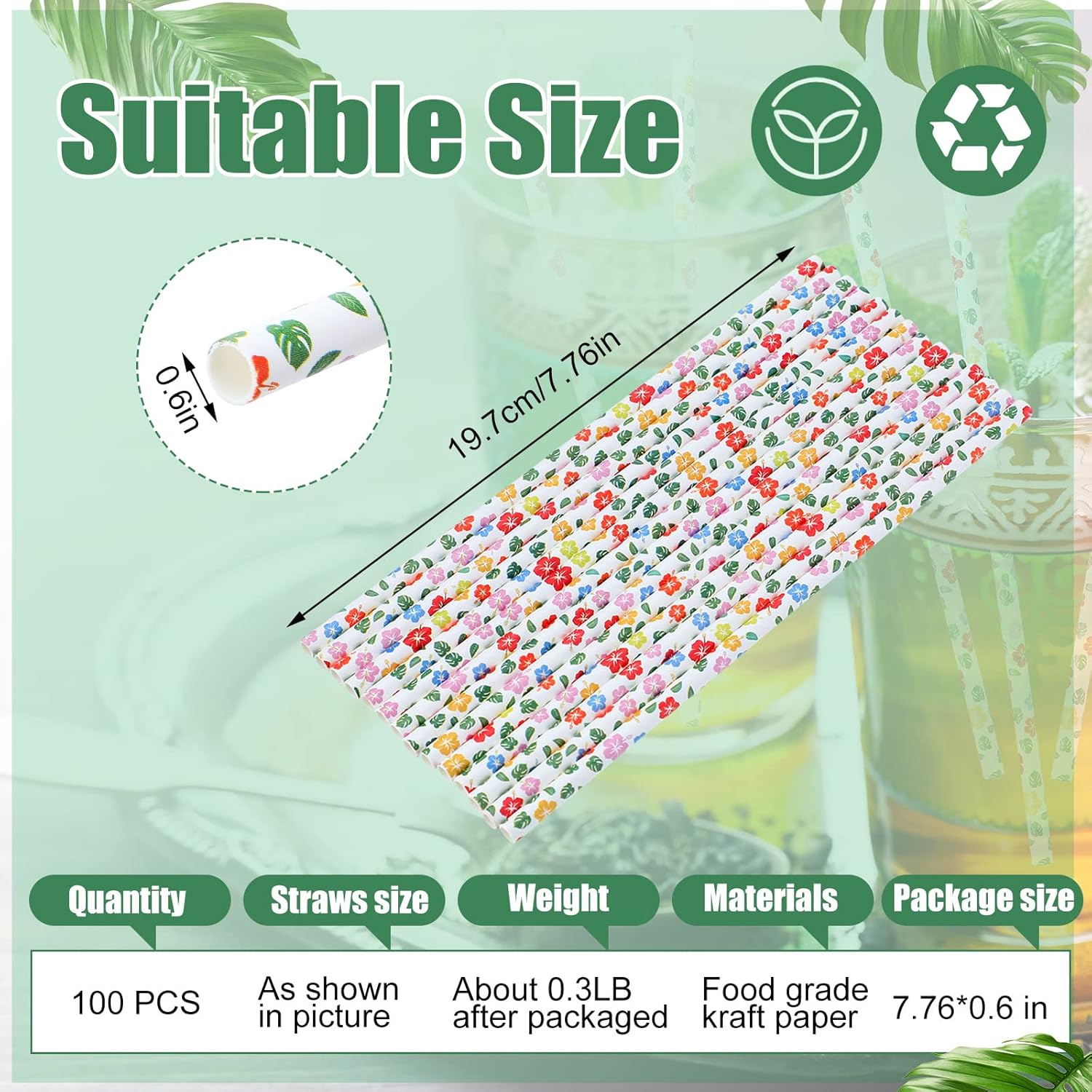 100 pajitas de papel de hibisco, pajitas de papel hawaianas tropicales para fiestas, cócteles, decoraciones para suministros de fiesta, cumpleaños,