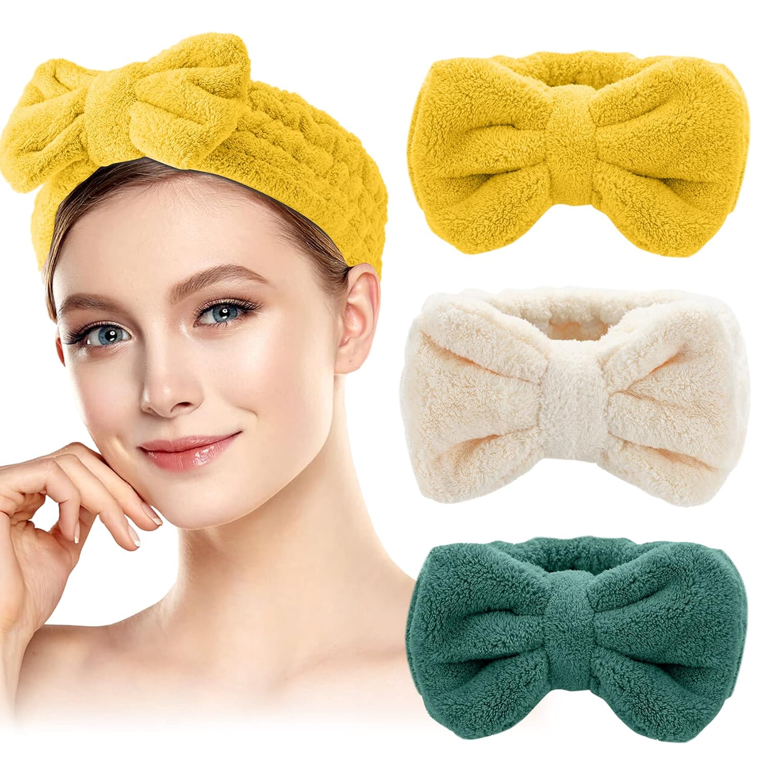 Diadema de spa  Paquete de 3 bandas para el cabello con lazo para mujer, diademas de maquillaje facial suave de vellón coral elástico para la