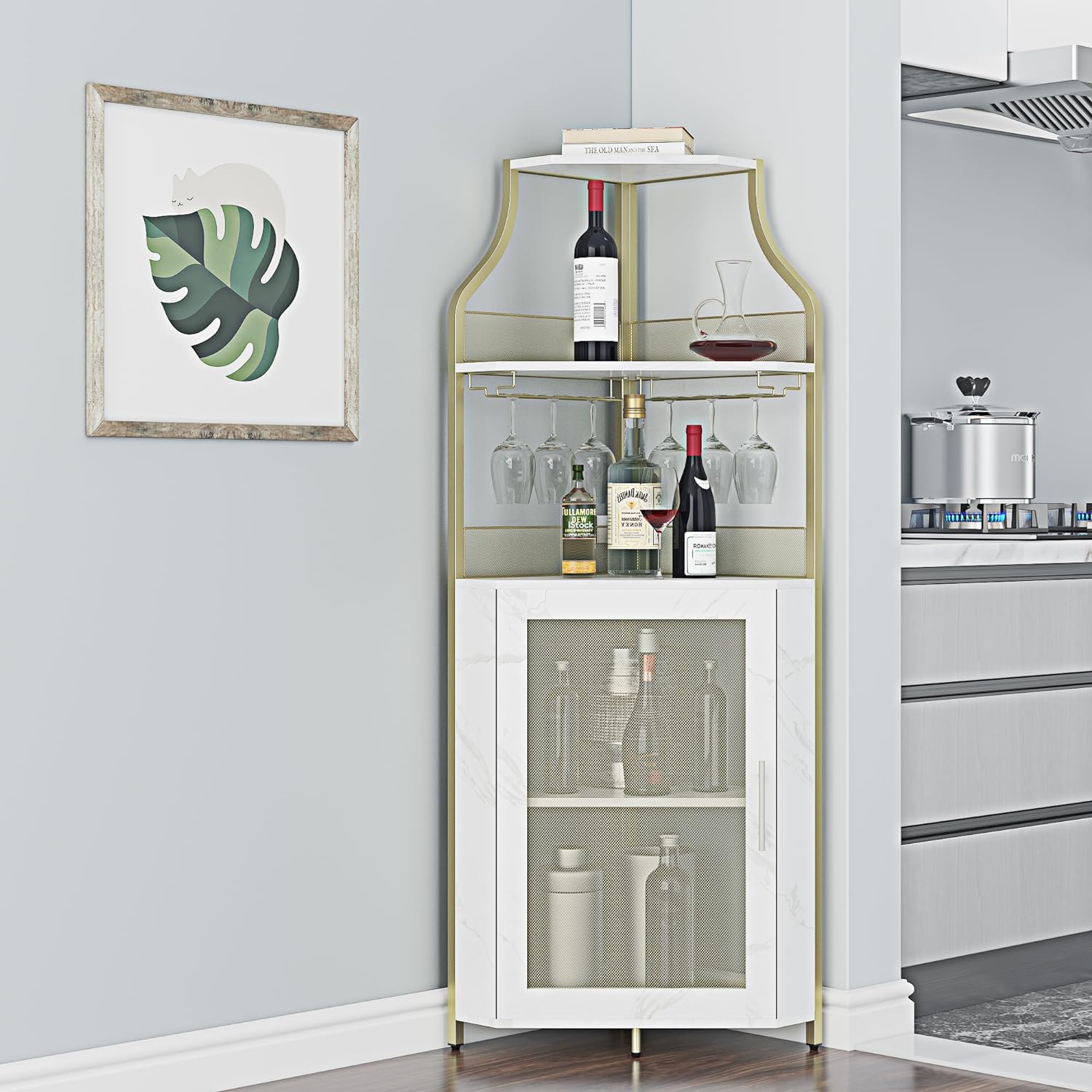 Armario esquinero para vino con estante extraíble para vino, gabinete de bar para copas de vino con estante de vidrio y puerta de malla, gabinete de