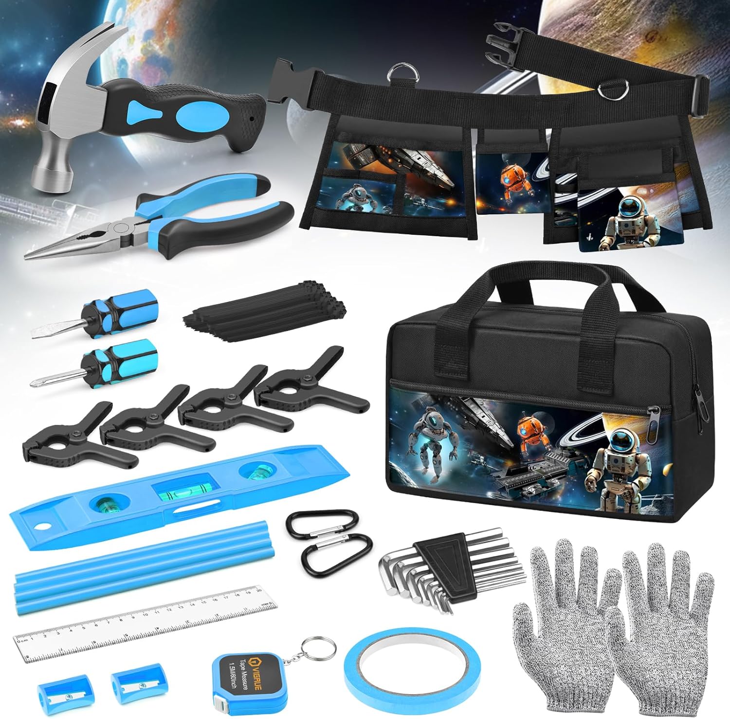 VIGRUE Juego de herramientas para niños, kit de herramientas manuales reales con cinturón y bolsa, accesorios de aprendizaje pequeños para