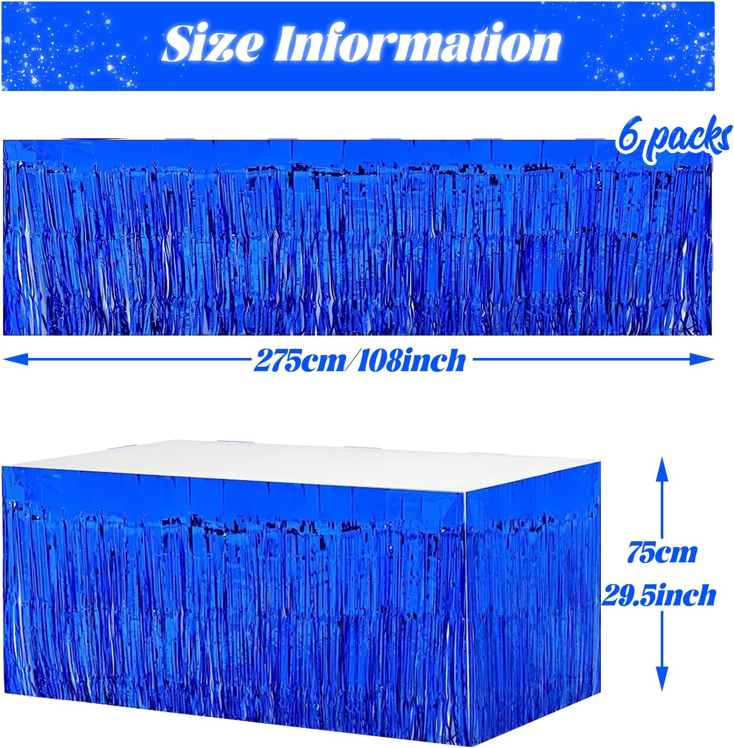 6 faldas de mesa de oropel con flecos metálicos azules de 9 pies x 29.5 pulgadas para mesas rectangulares, cortinas de fondo de oropel, suministros
