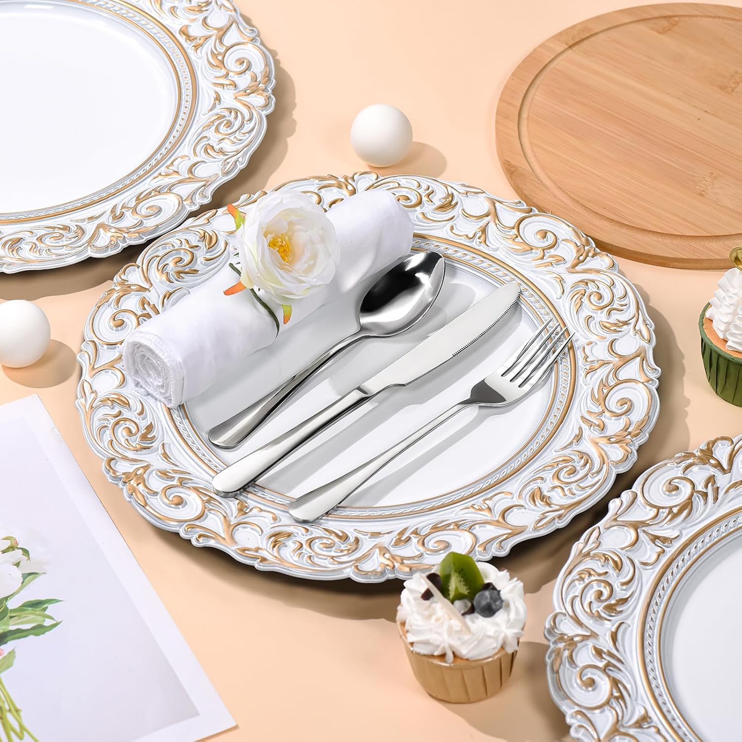 12 unidades de platos de carga blancos antiguos a granel, 13 pulgadas, para el día de San Valentín, boda, francés, vintage, de plástico, con