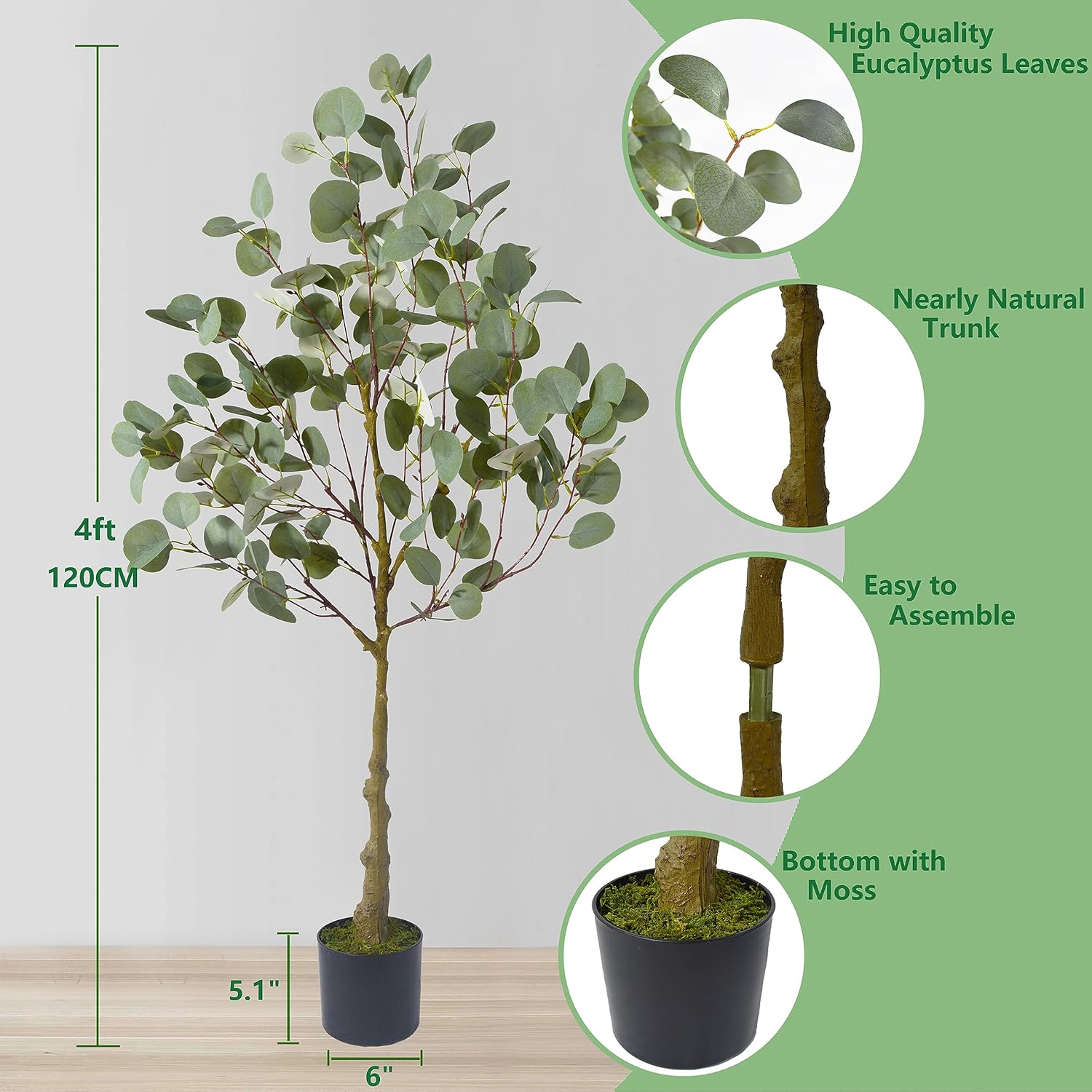 Árbol de eucalipto artificial, planta de eucalipto artificial de 4 pies de alto con canasta, hojas de seda verdes y plateadas, árbol sintético para