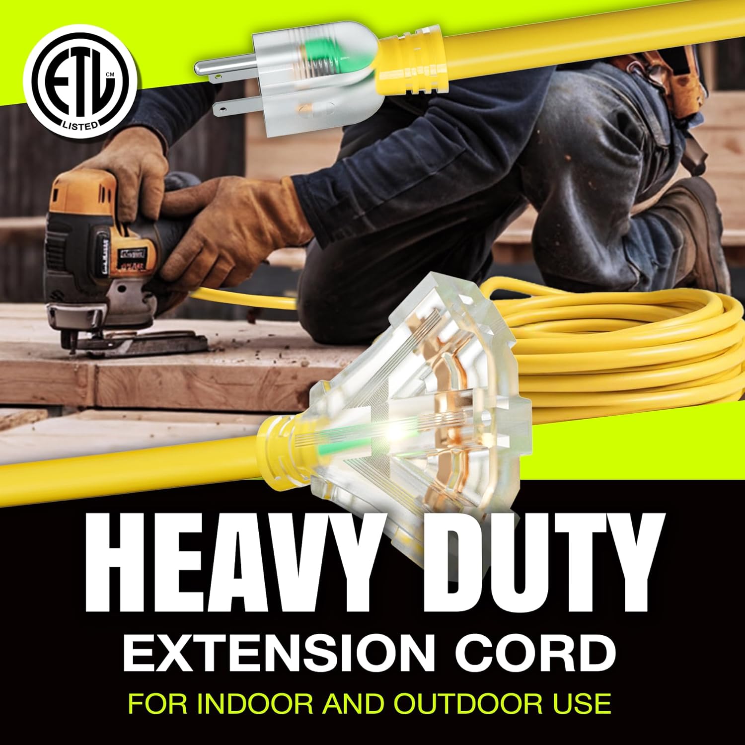 LifeSupplyUSA – Cable de extensión eléctrico de 75 pies para exteriores e interiores, impermeable, 3 clavijas, 3 salidas, SJTW, calibre 12, 15