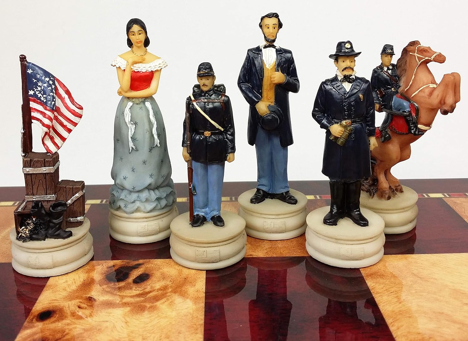 Juego de ajedrez de reinas de la guerra civil estadounidense con tablero de almacenamiento de color cereza y Burlwood de 17 pulgadas de alto brillo