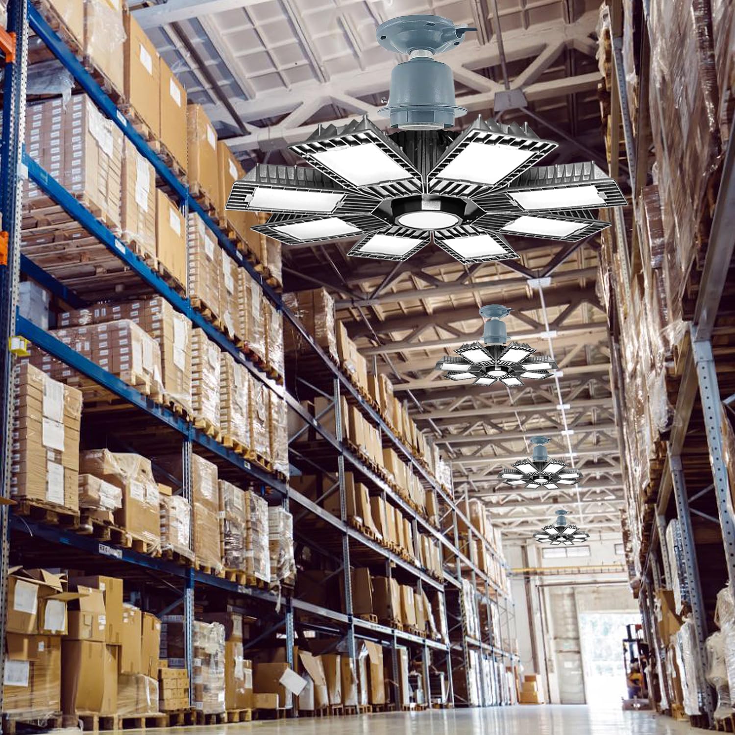 Luz LED de alta bahía para tienda, 8 paneles de luces LED de garaje de 300 W con adaptación E26 a E39, 36000 lm de alto brillo, ideal para almacén,