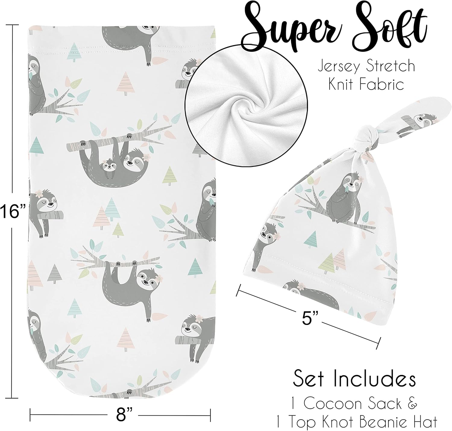 Sweet Jojo Designs Pink Jungle Sloth – Conjunto de gorro de punto elástico para bebé, saco de dormir de punto elástico, saco de dormir para bebé,