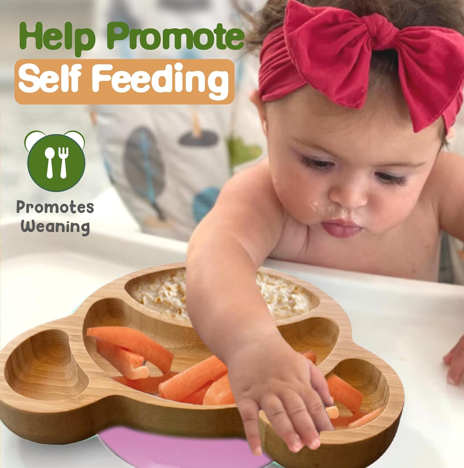 Platos de bambú para niños  Placa de succión de bambú para bebés y niños pequeños para la alimentación y el destete  Promueve la autoalimentación