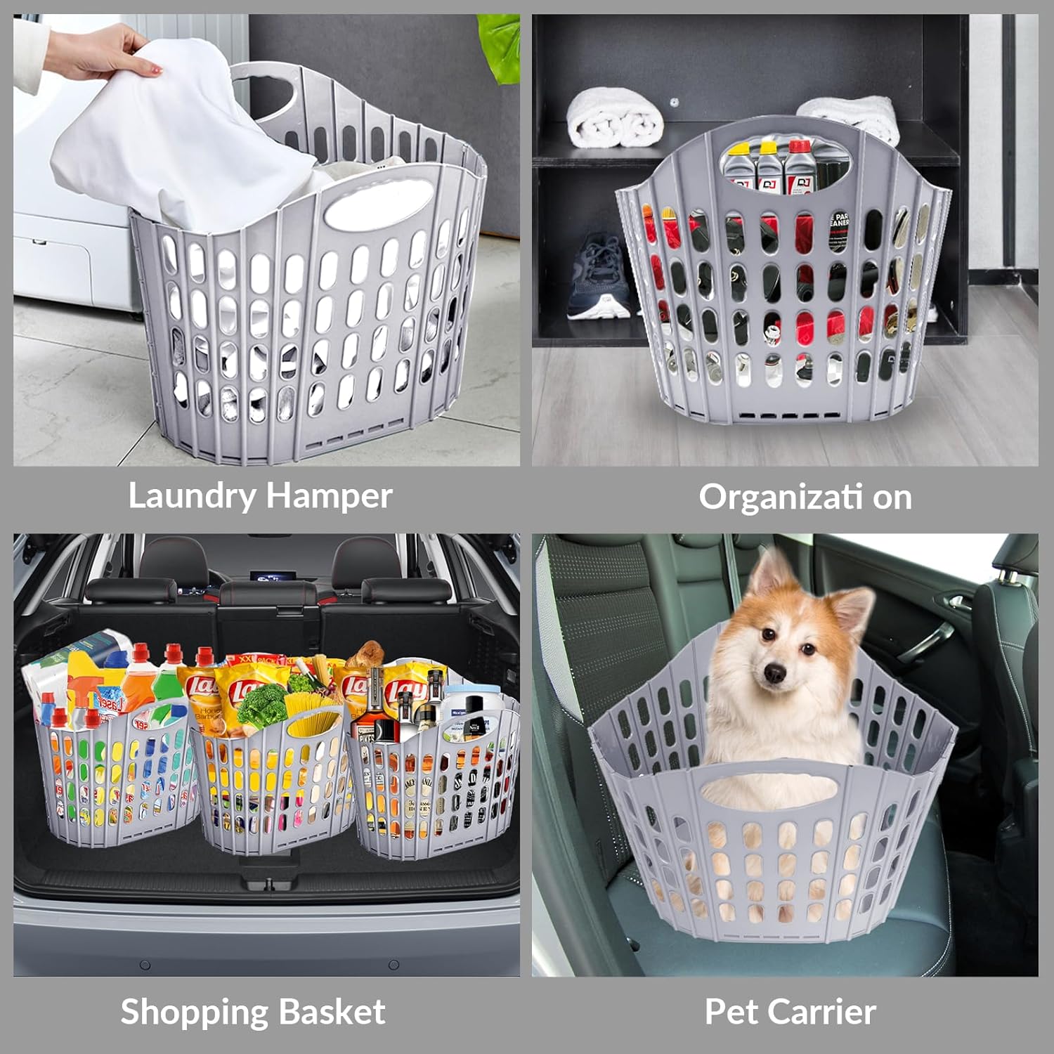 Paquete de 3 cestas de lavandería plegables de plástico, bolsa de compras con asa, cesta de ropa versátil para ahorrar espacio, cesta de ropa para