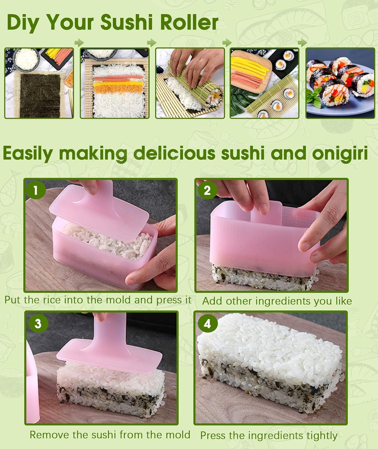 Juego de 12 moldes de onigiri, kit de fabricación de sushi, molde de bolas de arroz, tapete rodante de sushi, molde de arroz, tenedor de frutas,