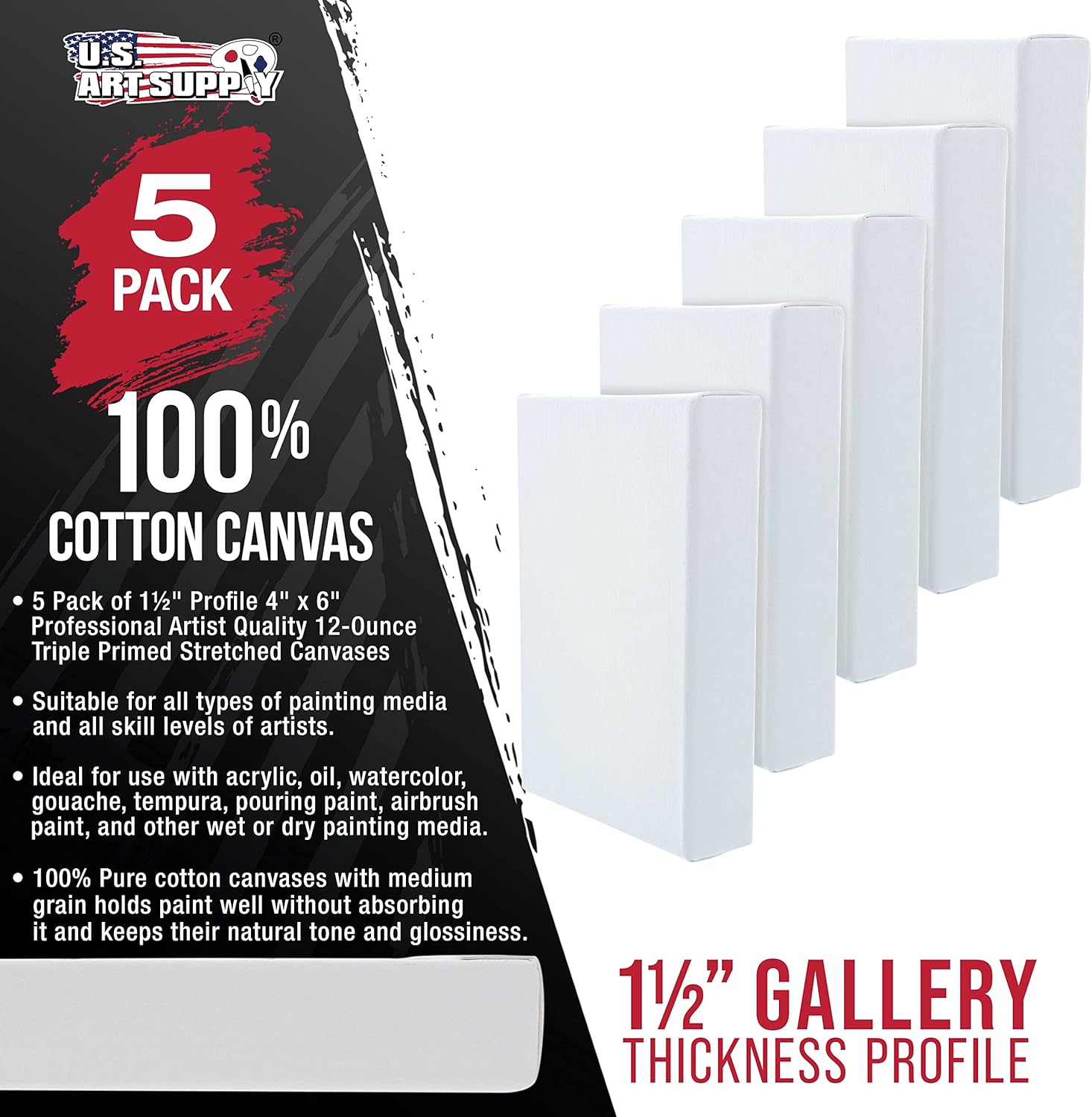 U.S. Art Supply Lienzos estirados de perfil de 1-12 pulgadas de profundidad de galería, 5 x 7 pulgadas, paquete de 5  imprimación triple de gesso