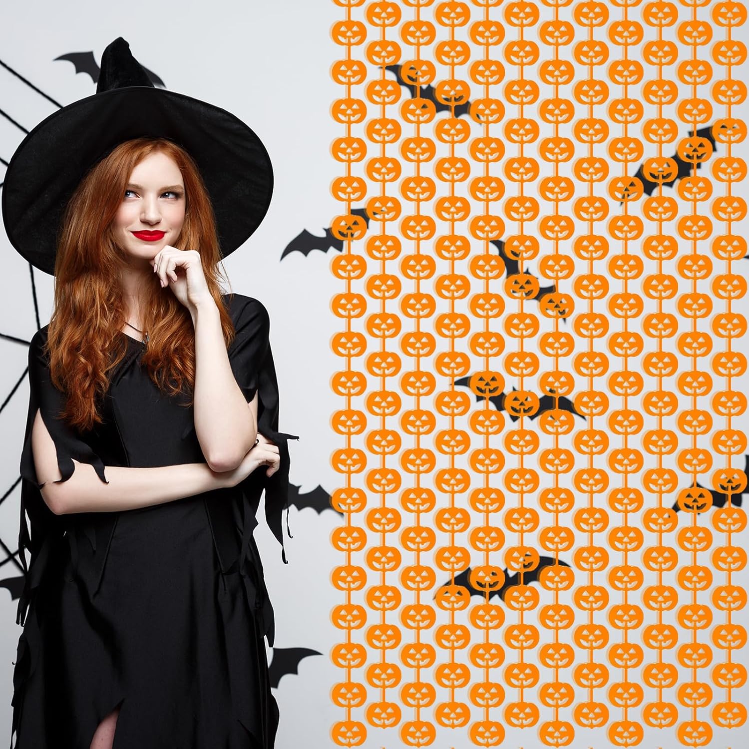 Paquete de 2 cortinas de flecos metálicos de Halloween de 3.2 x 6.6 pies, cortinas de oropel en forma de calabaza naranja, accesorios para fotos,